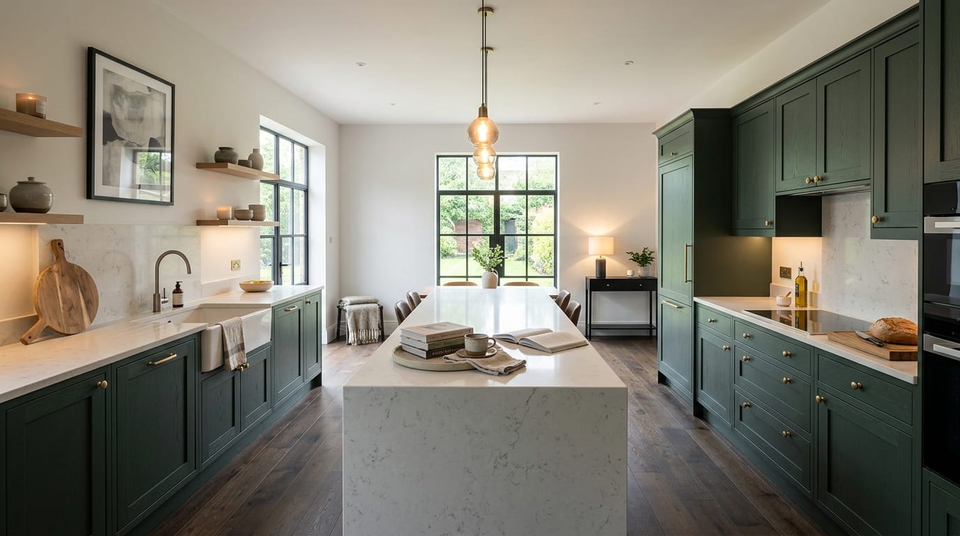 Wide view of a newly completed bespoke Mastercraft kitchen, timber veneer slab-door cabinetry in taupe grey tones