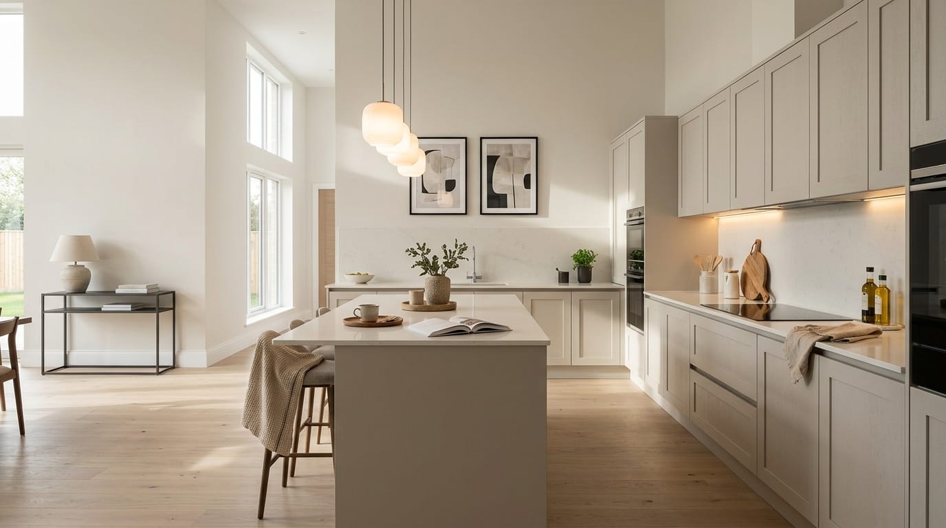 hero_1200x675-9 Wide view of a newly completed bespoke Mastercraft kitchen, contemporary painted lay-on cabinetry in willow tones