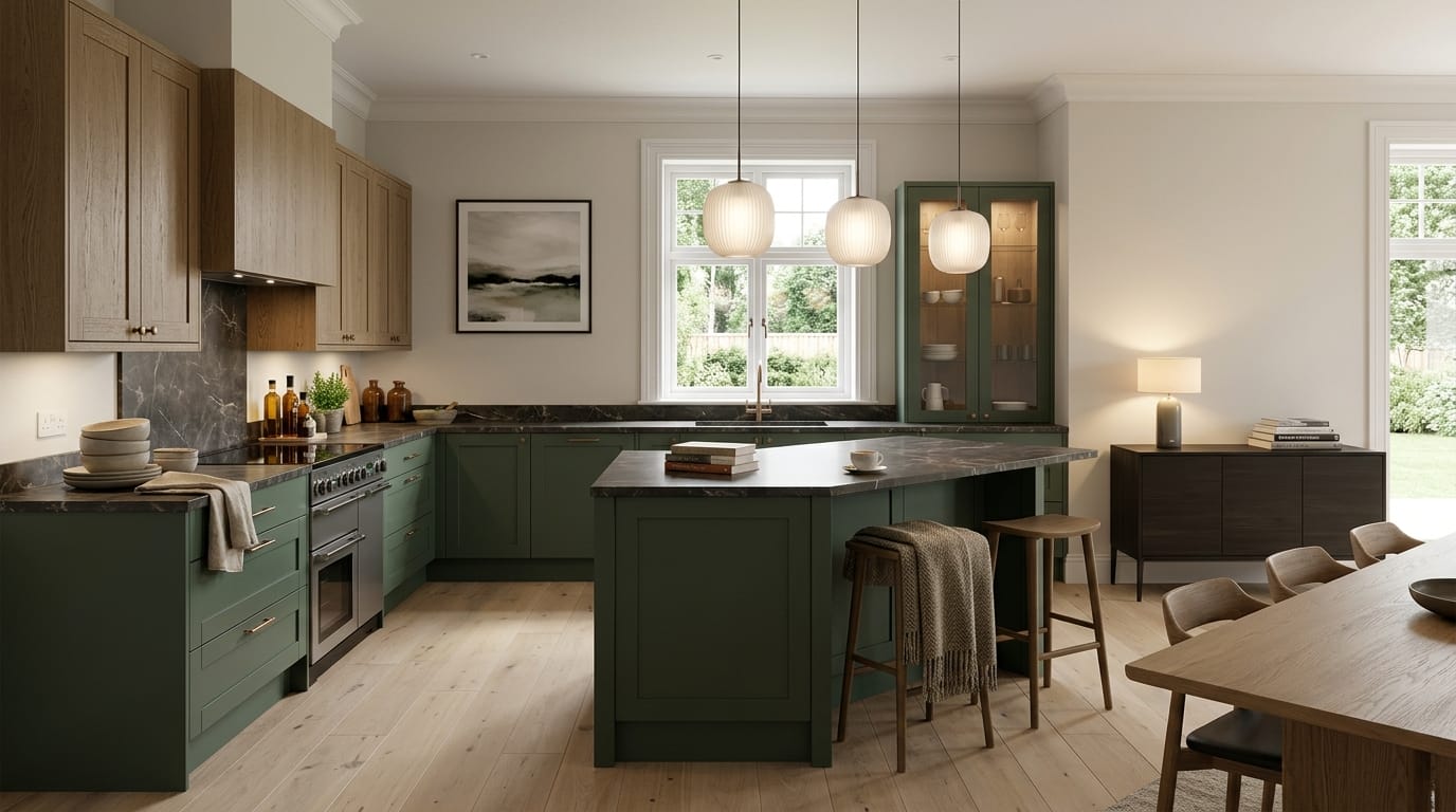 hero_1200x675-90 Wide view of a newly completed bespoke Mastercraft kitchen, matt painted handleless slab cabinetry in cannon black tones