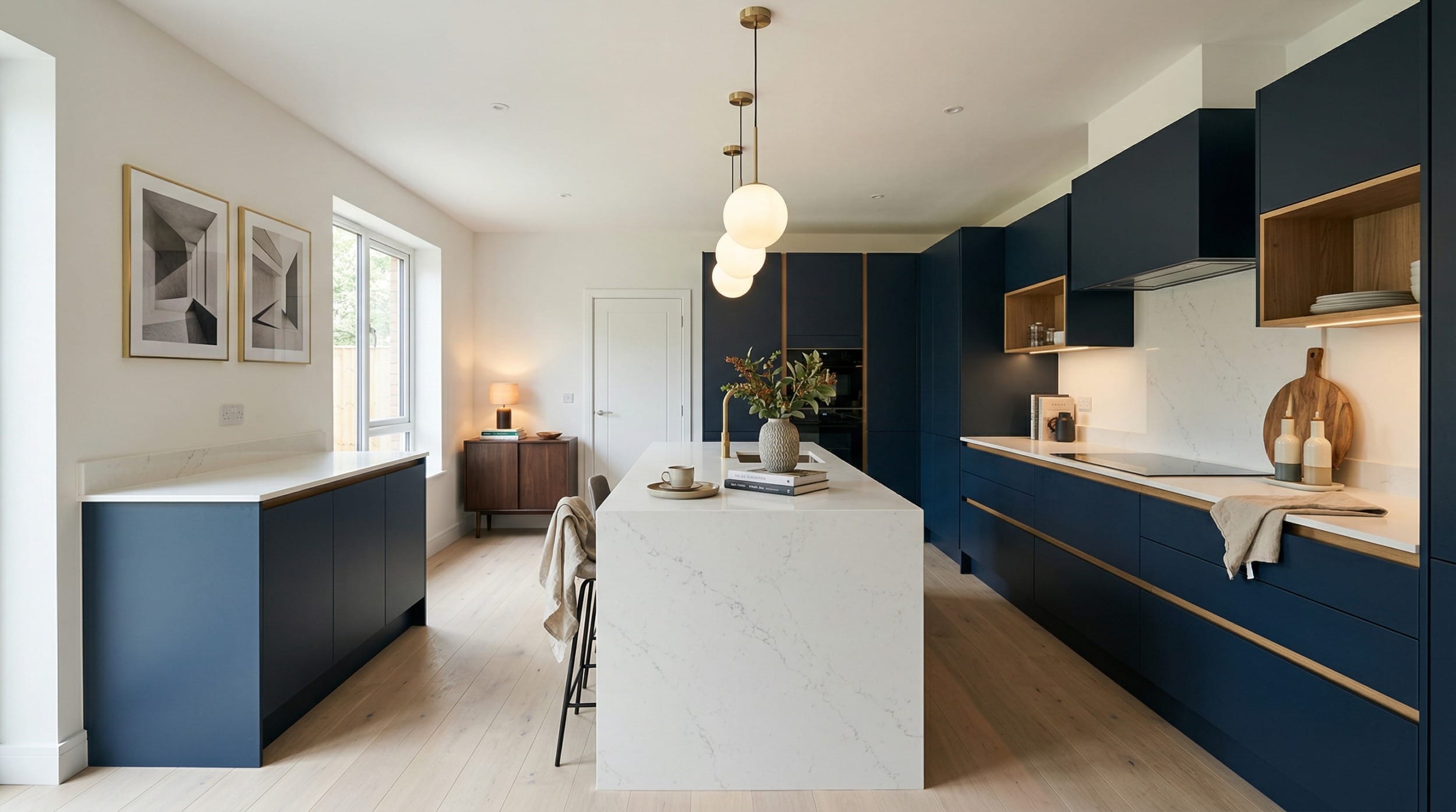hero_1200x675-91 Wide view of a newly completed bespoke Mastercraft kitchen, matt painted handleless slab cabinetry in dust grey tones