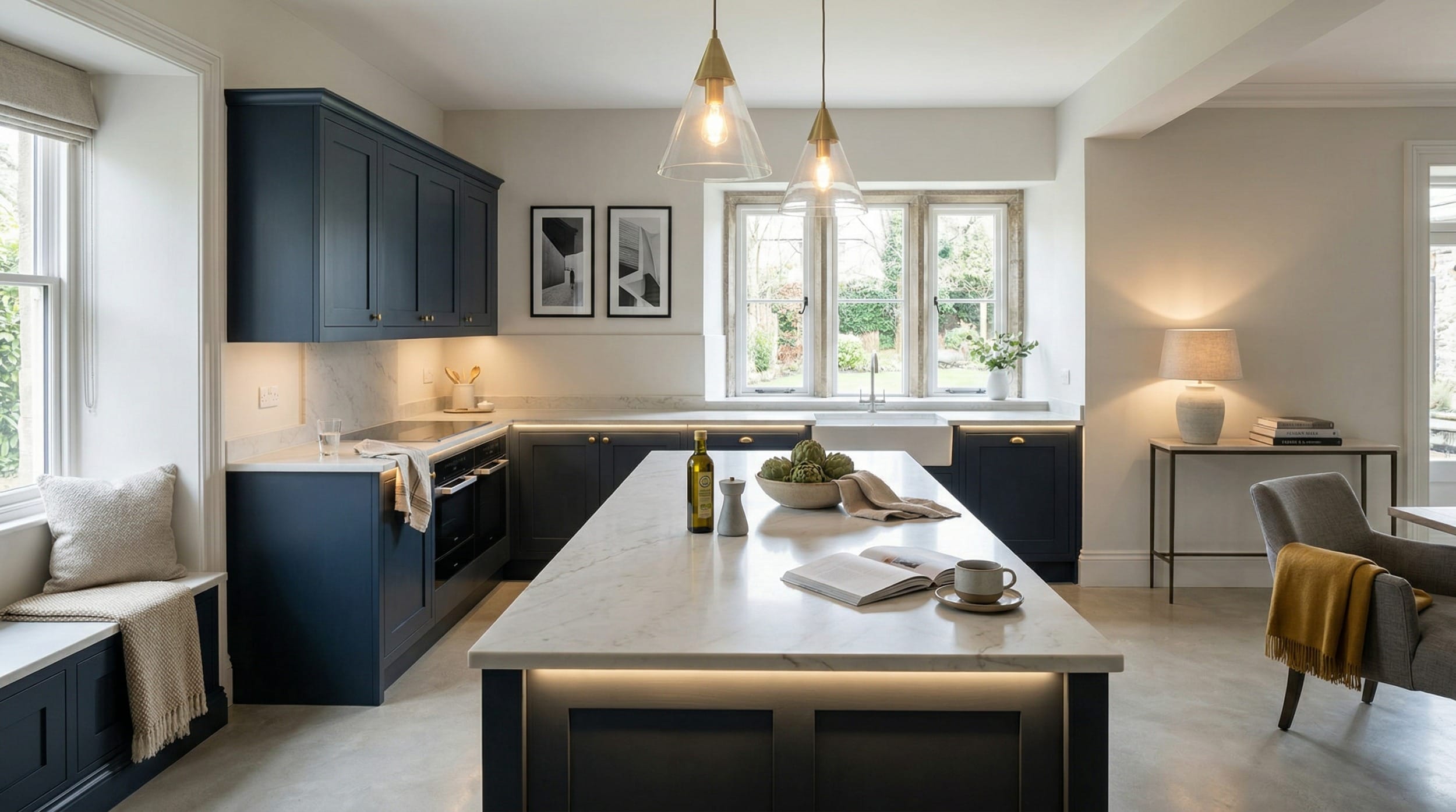 Wide view of a newly completed bespoke Mastercraft kitchen, matt painted handleless slab cabinetry in heritage green tones