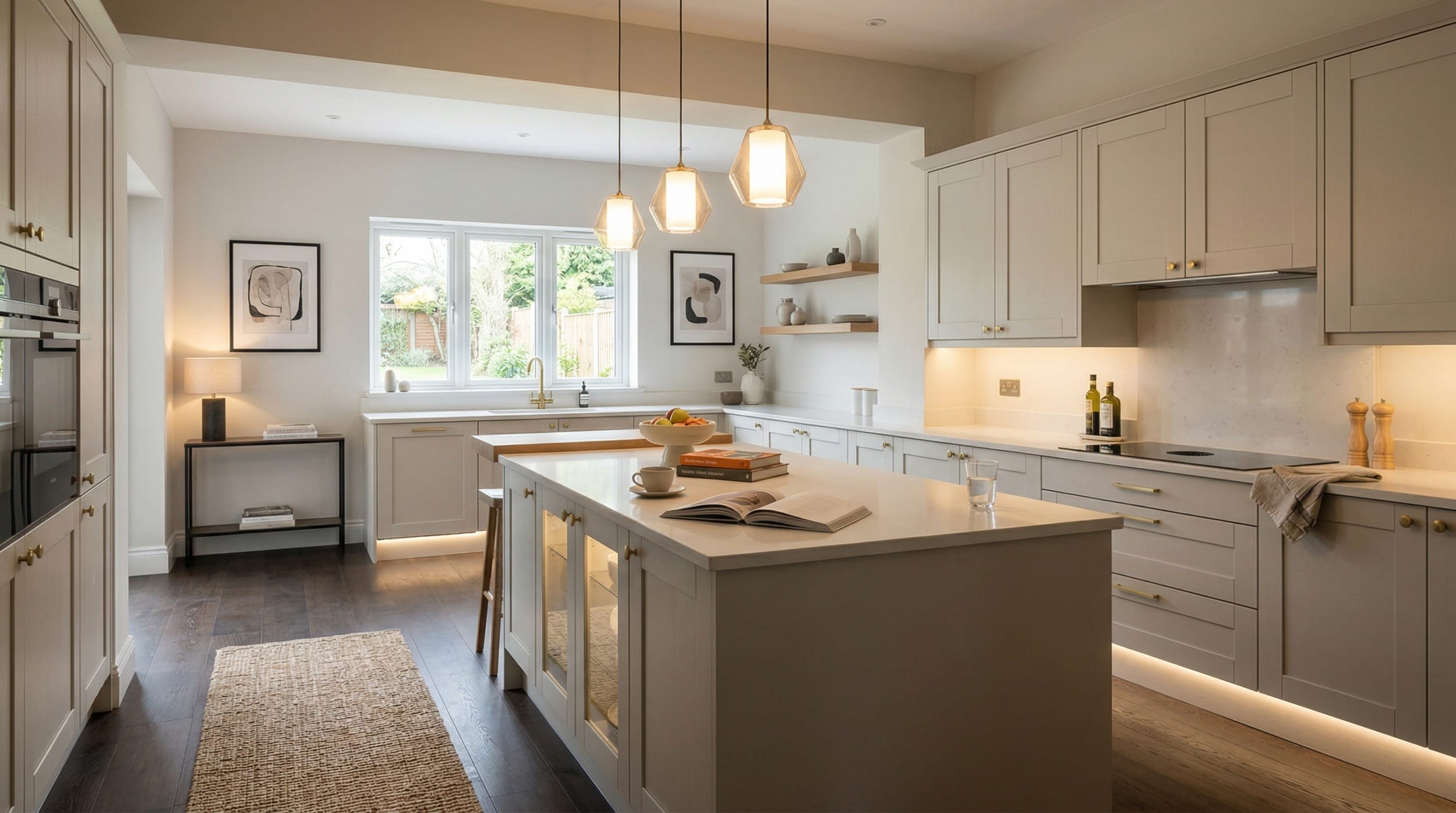 Wide view of a newly completed bespoke Mastercraft kitchen, matt painted handleless slab cabinetry in cannon black tones