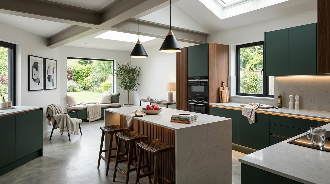Wide view of a newly completed bespoke Mastercraft kitchen, timber veneer slab-door cabinetry in stone tones