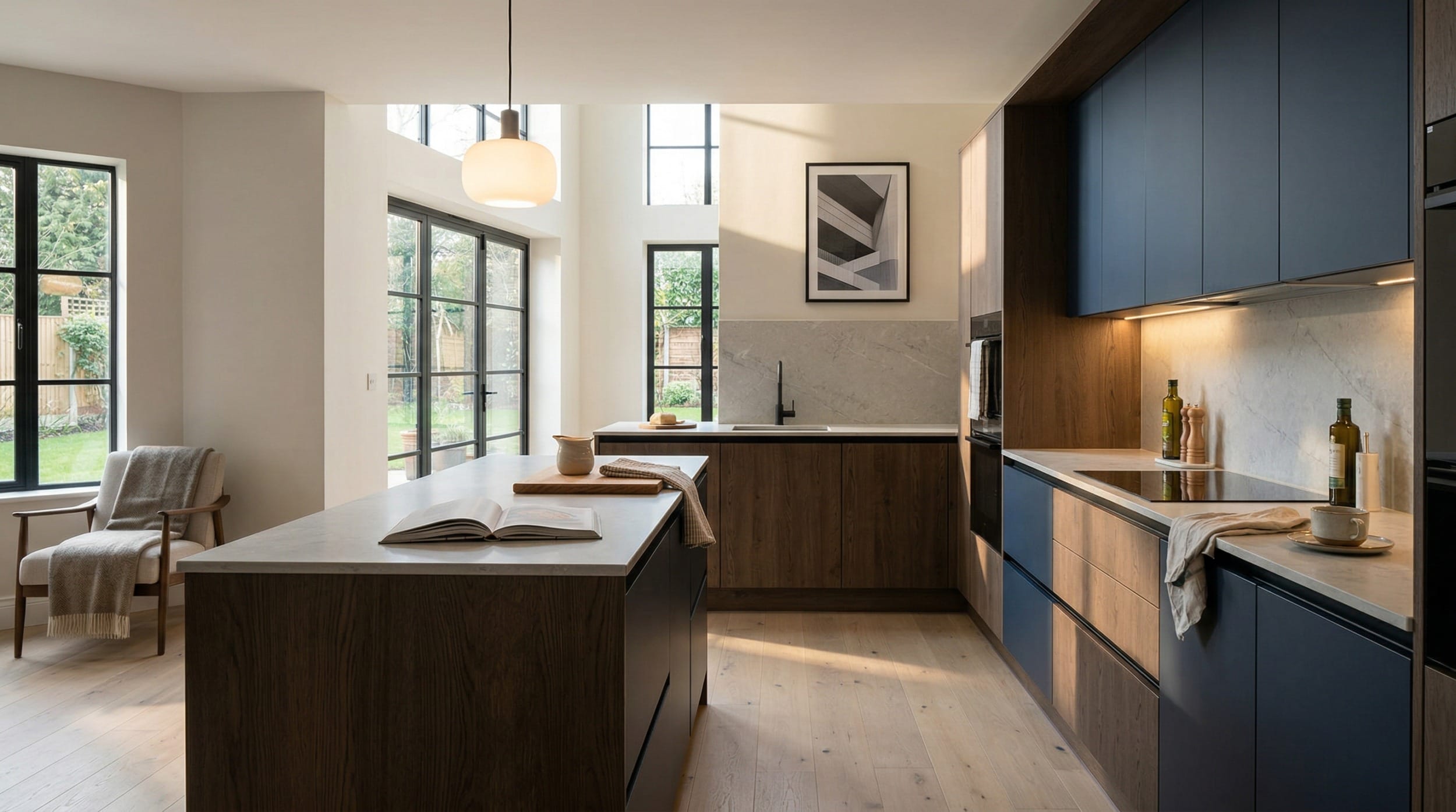 Wide view of a newly completed bespoke Mastercraft kitchen, timber veneer slab-door cabinetry in light grey tones