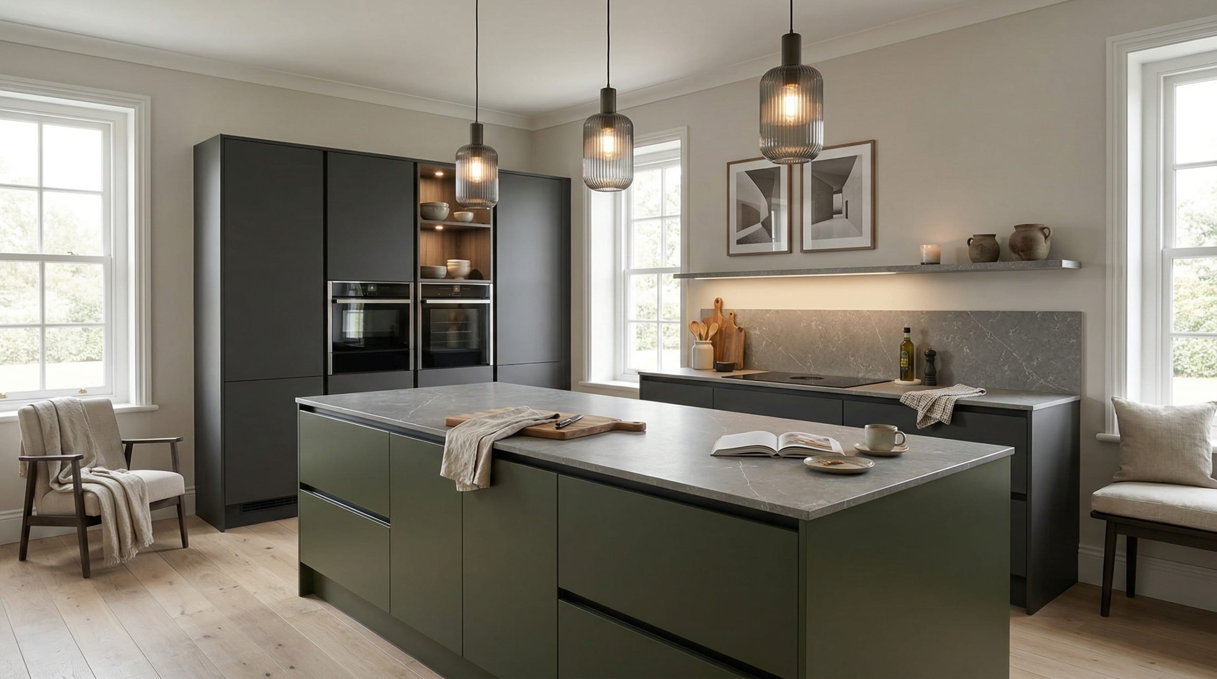 hero_1200x675-98 Wide view of a newly completed bespoke Mastercraft kitchen, modern shaker cabinetry in viridian tones