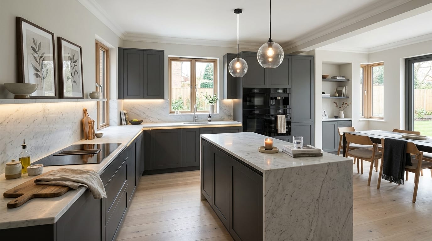 hero_1200x675 Wide view of a newly completed bespoke Mastercraft kitchen, contemporary painted lay-on cabinetry in indigo tones