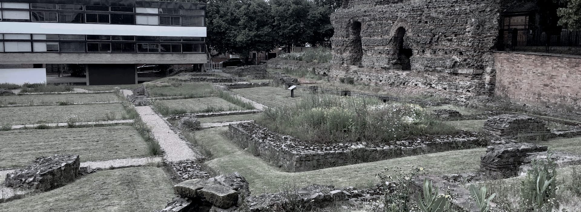 ancient stone ruins with overgrown grass beside a modern glass building
