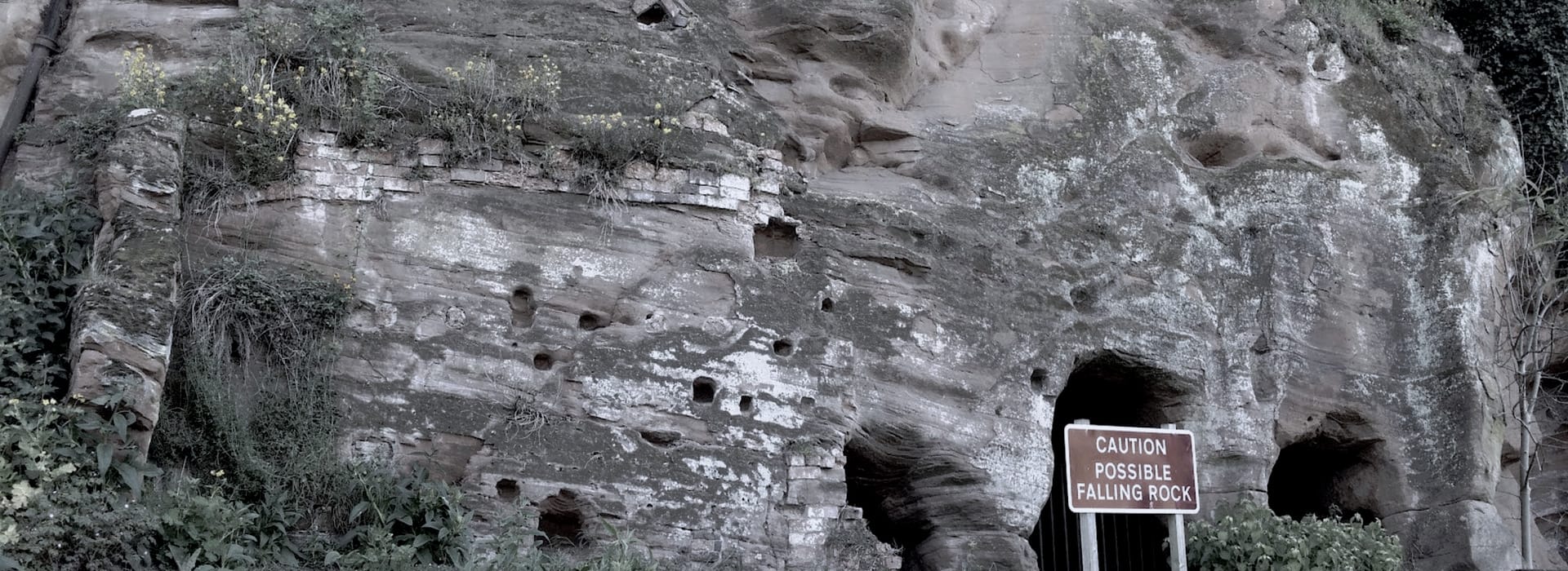 weathered sandstone cliff with small caves and yellow wildflowers, warning sign in foreground