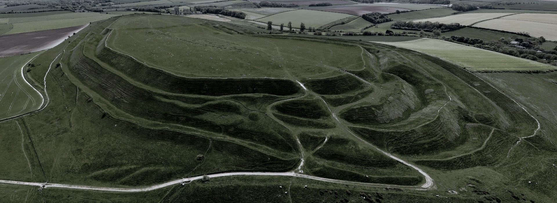 aerial view of green terraced hill with winding footpaths