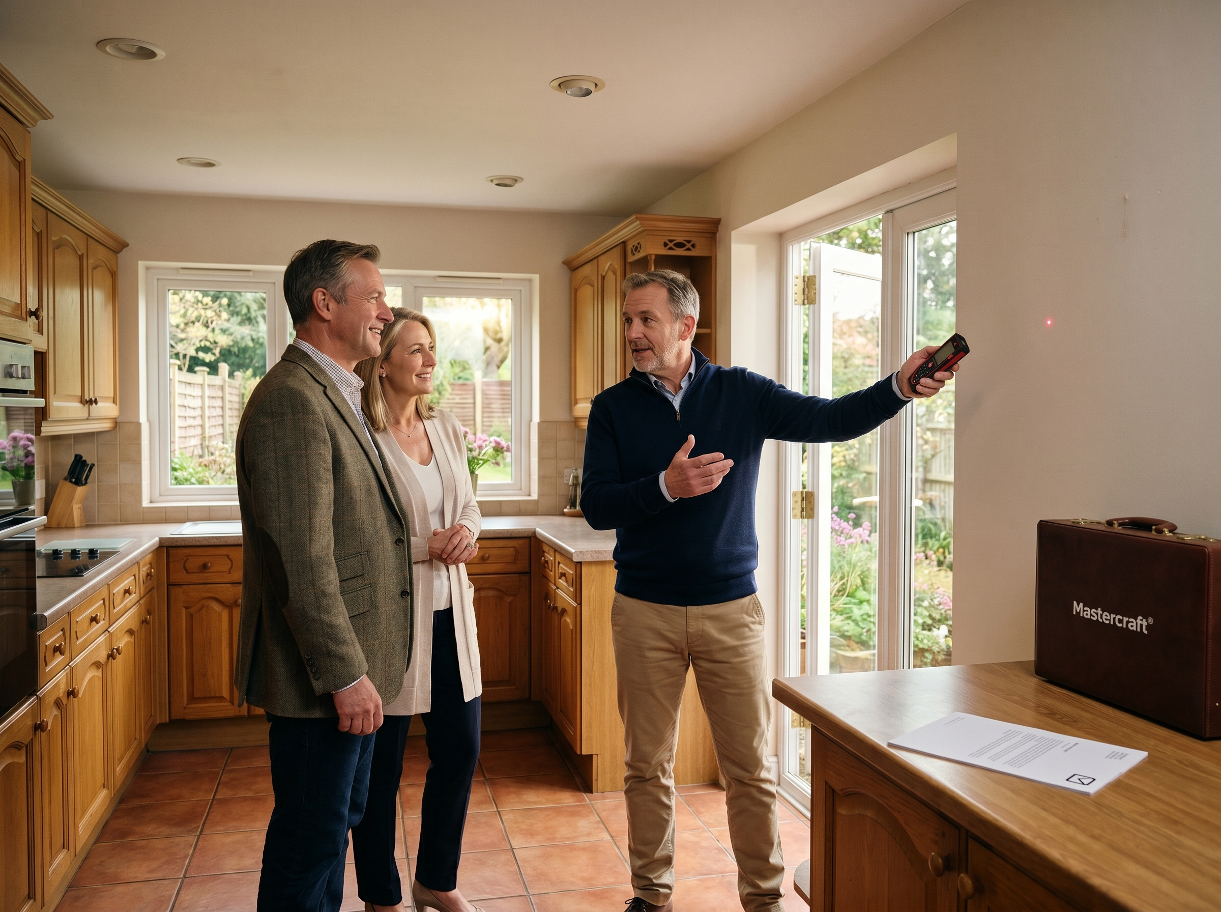 U-shaped kitchen with wood shaker-style cabinets, light worktops and terracotta floor tiles