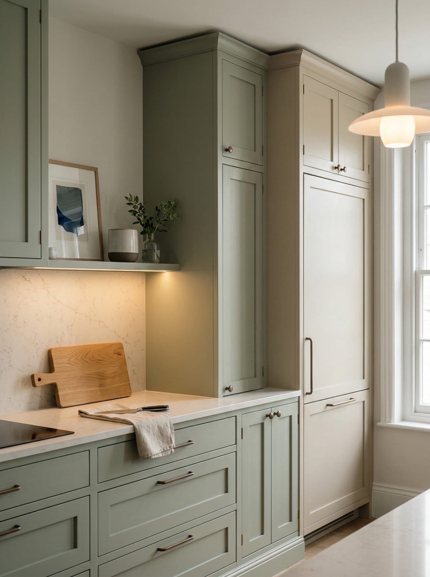 Tall view of full-height bespoke kitchen cabinetry, modern shaker cabinetry
