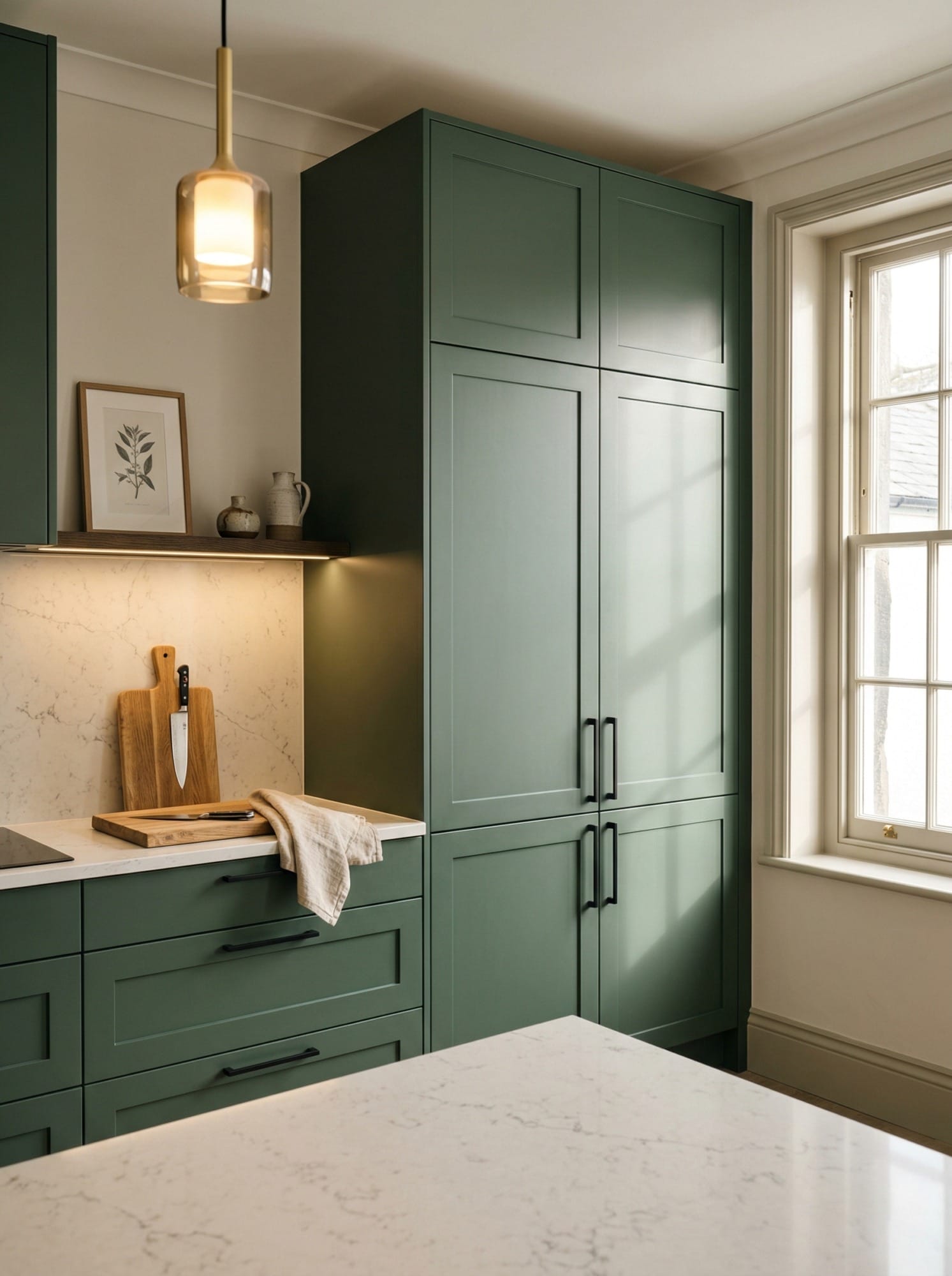 Tall view of full-height bespoke kitchen cabinetry, matt painted handleless slab cabinetry