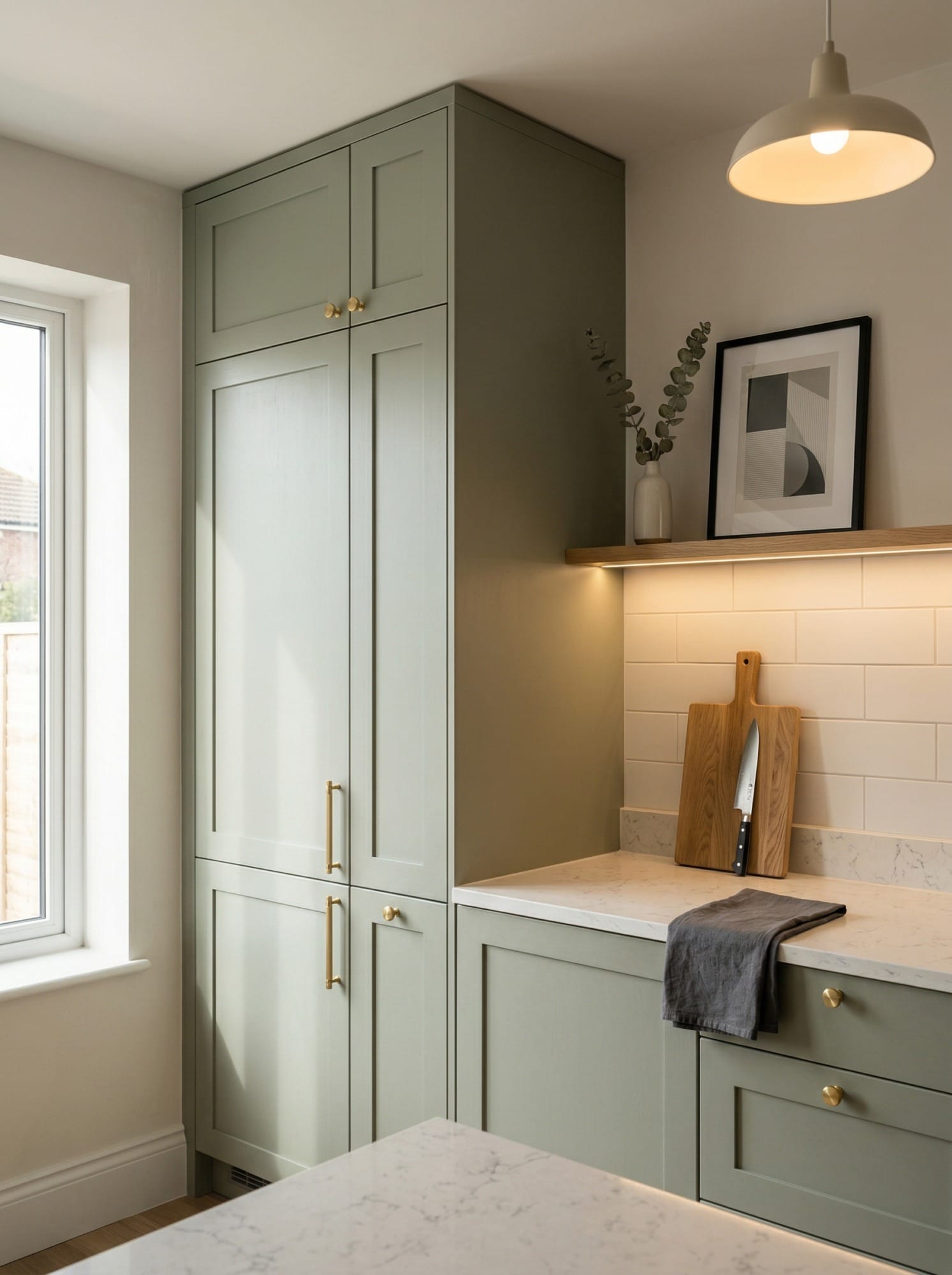 Full-height bespoke kitchen cabinetry by Mastercraft, contemporary painted lay-on cabinetry