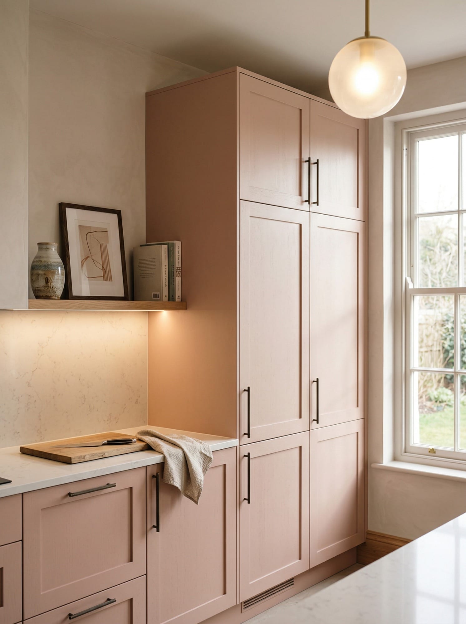 Tall view of full-height bespoke kitchen cabinetry, modern shaker cabinetry