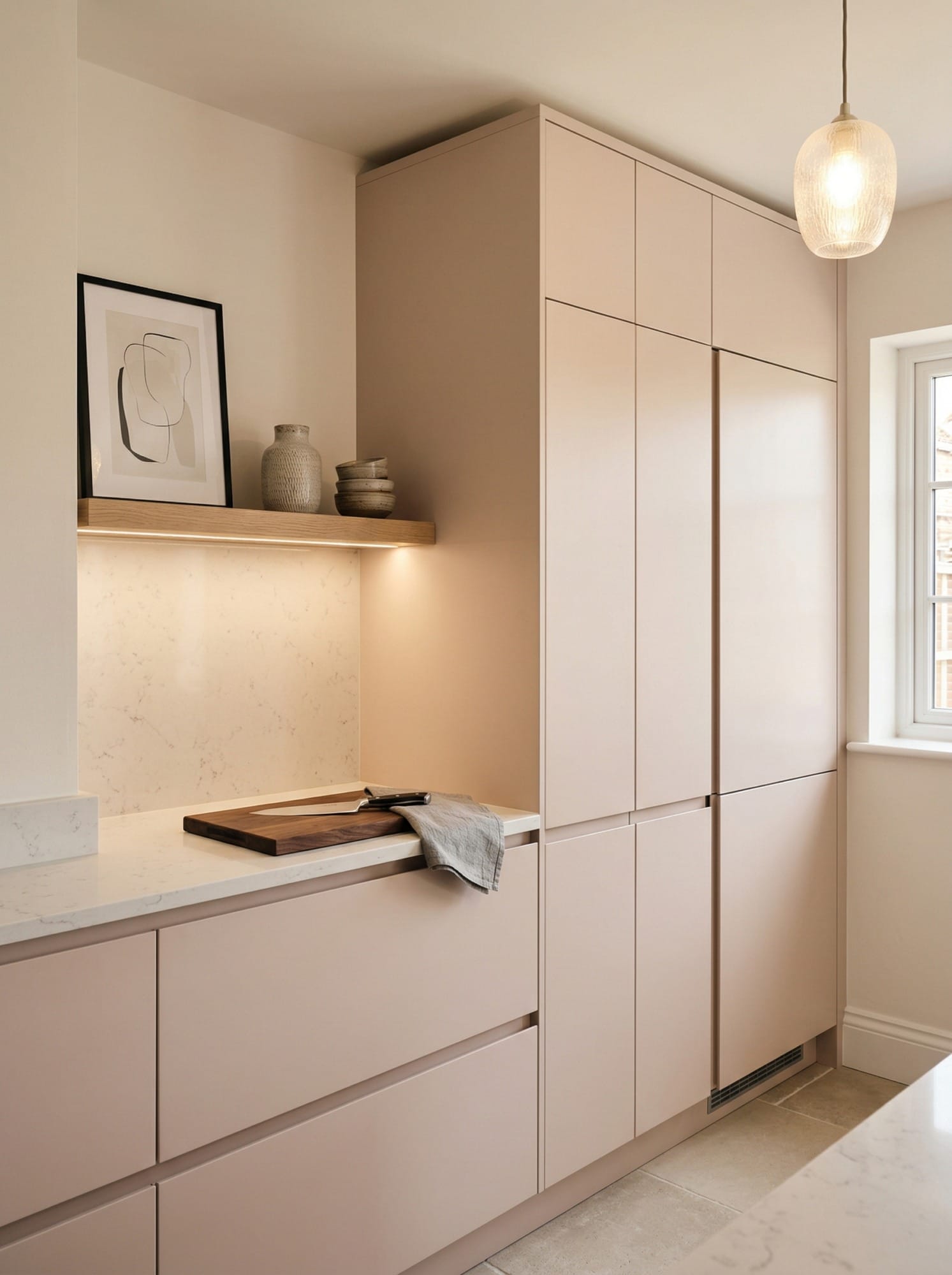 Full-height bespoke kitchen cabinetry by Mastercraft, contemporary painted lay-on cabinetry