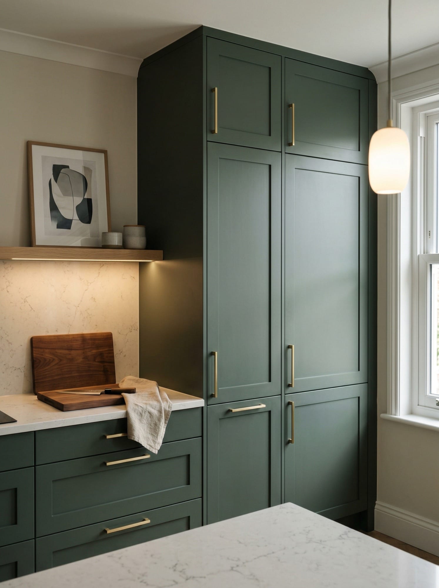 Tall view of full-height bespoke kitchen cabinetry, contemporary painted lay-on cabinetry