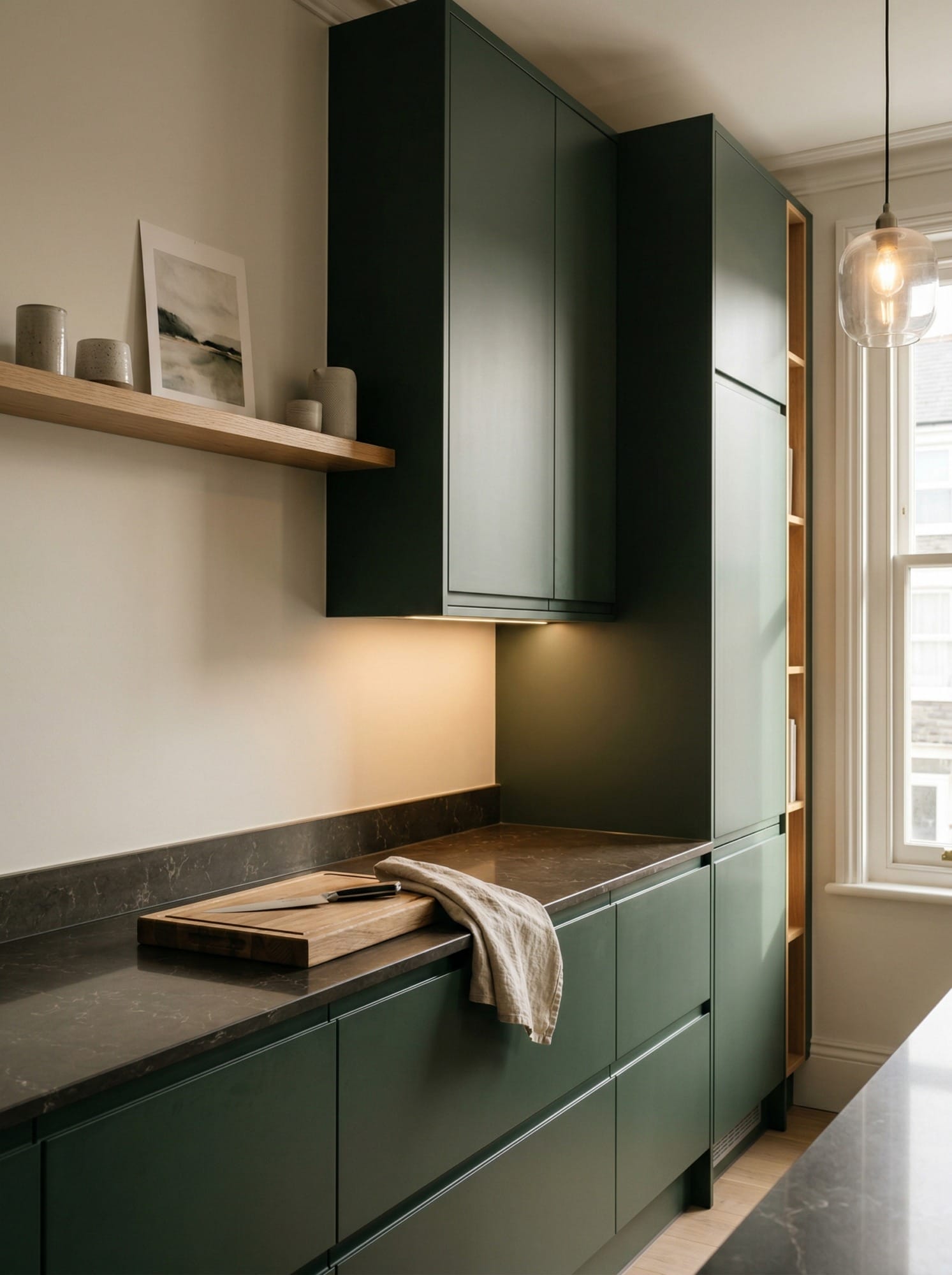 matte dark green kitchen units with marble worktop and wooden shelf display