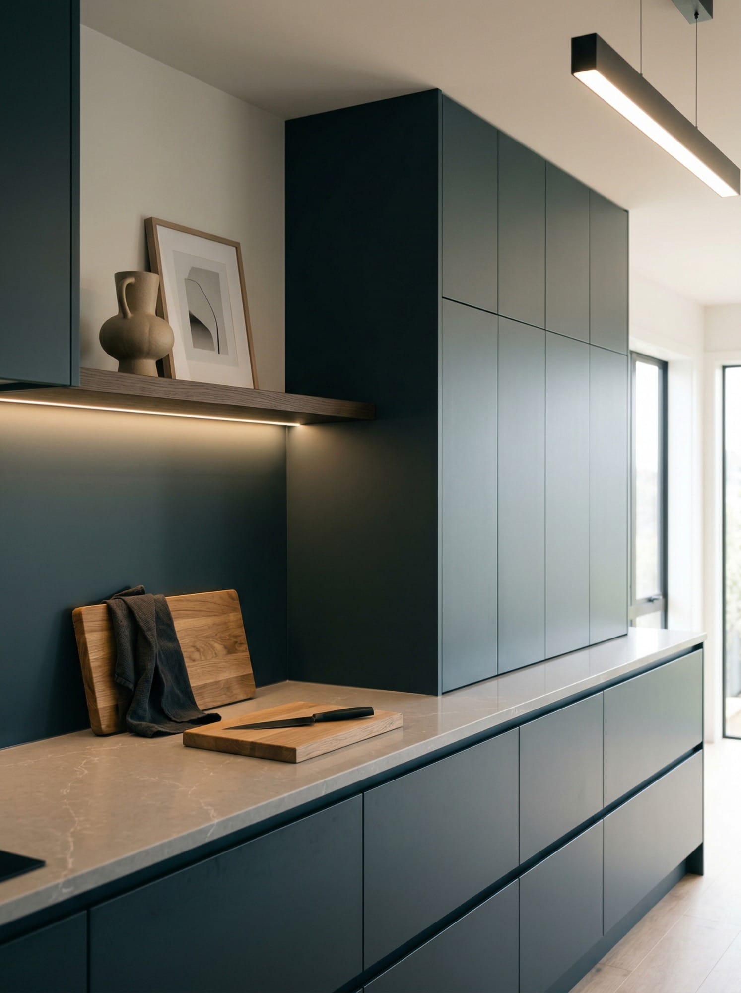 Full-height bespoke kitchen cabinetry by Mastercraft, contemporary painted lay-on cabinetry