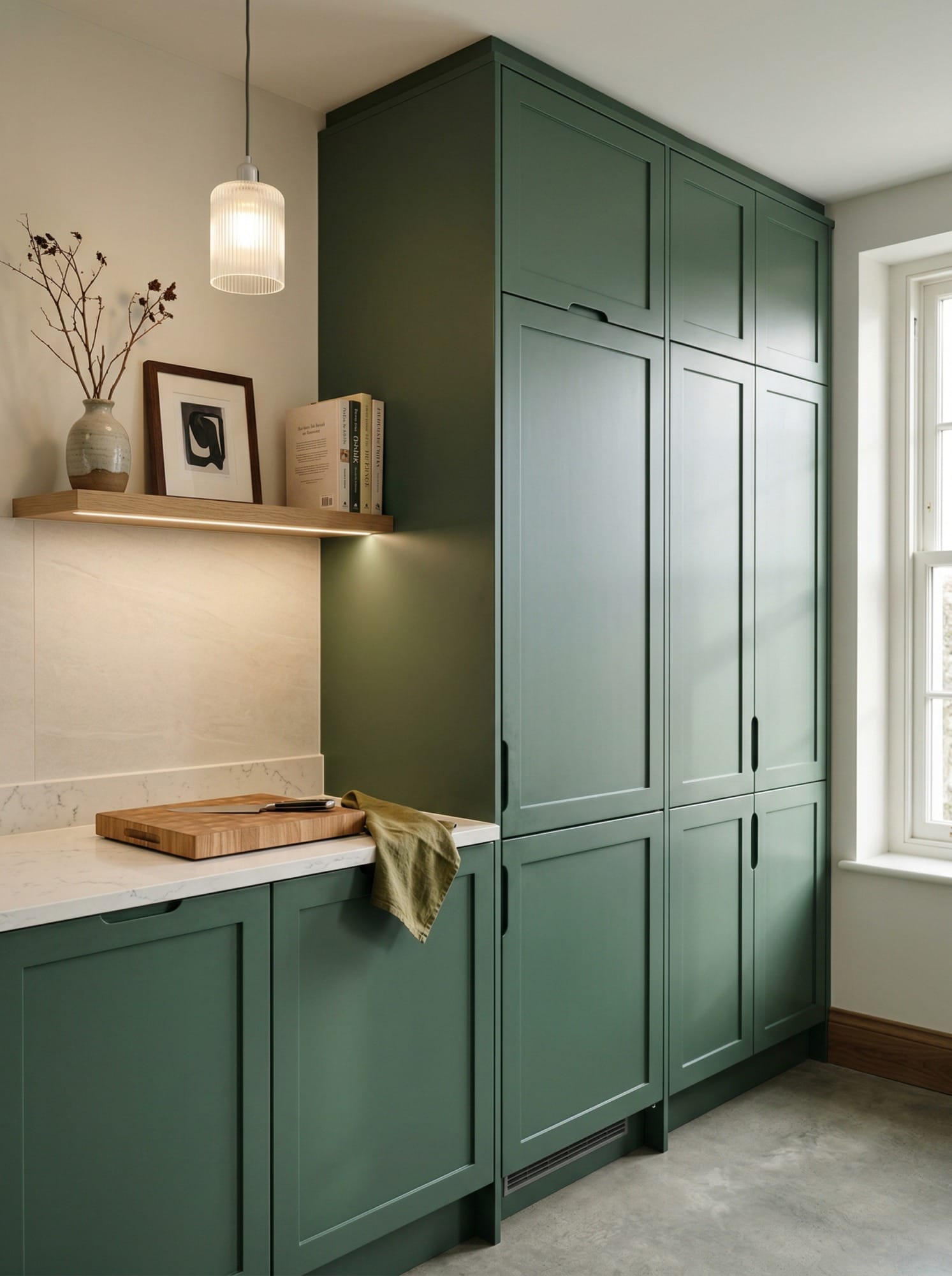 Tall view of full-height bespoke kitchen cabinetry, contemporary painted lay-on cabinetry