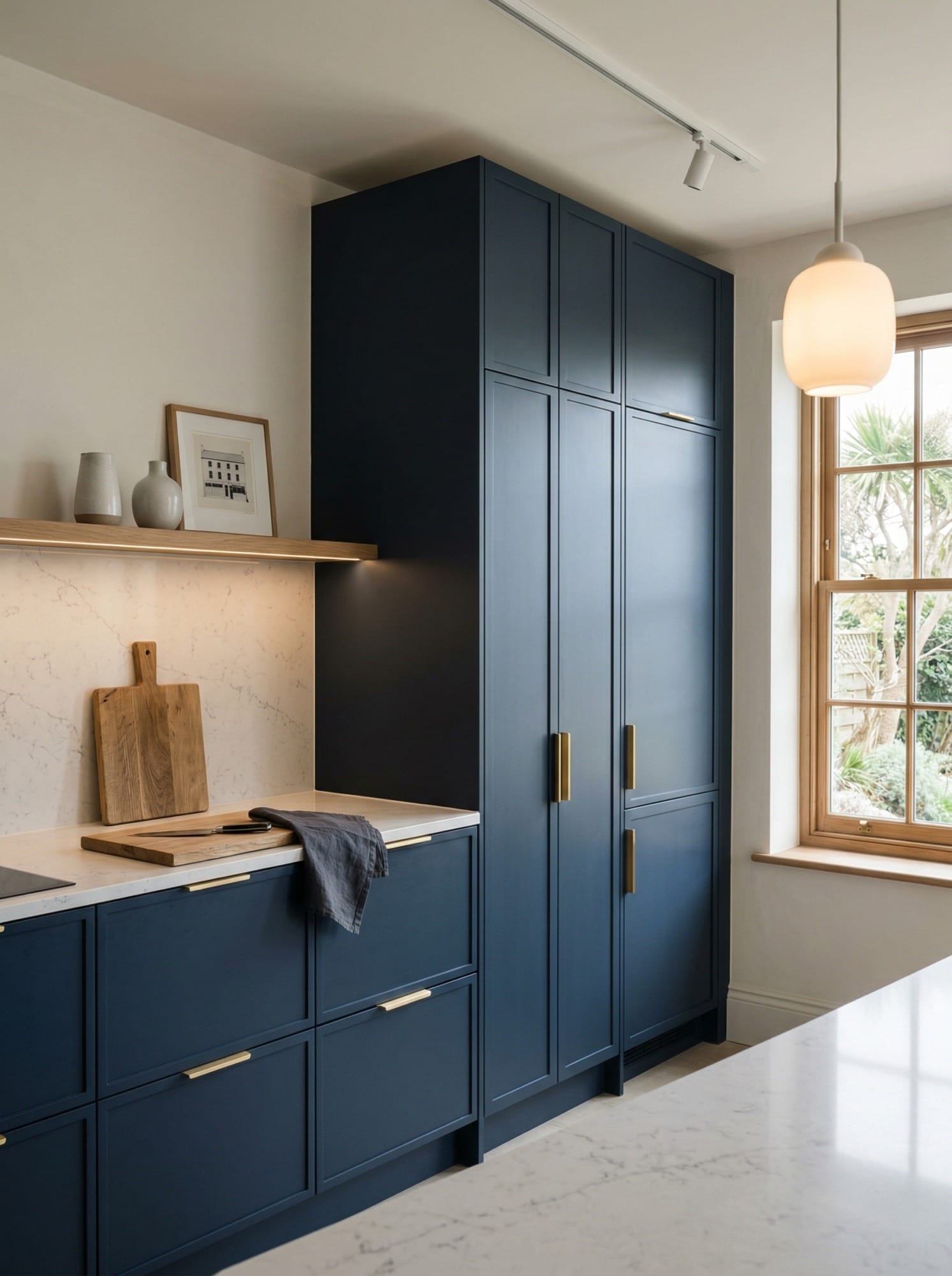 Tall view of full-height bespoke kitchen cabinetry, contemporary painted lay-on cabinetry