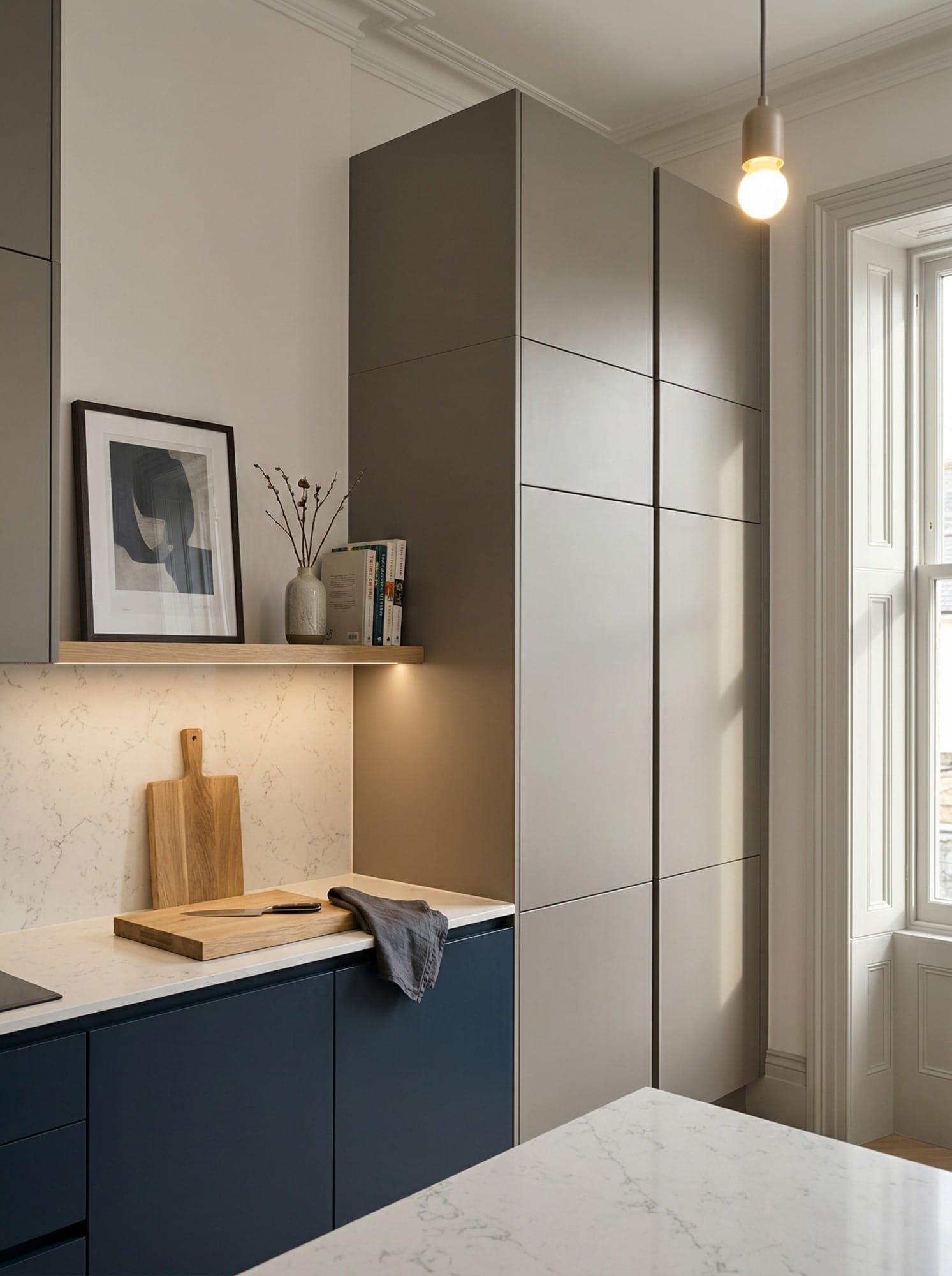 Tall view of full-height bespoke kitchen cabinetry, modern shaker cabinetry