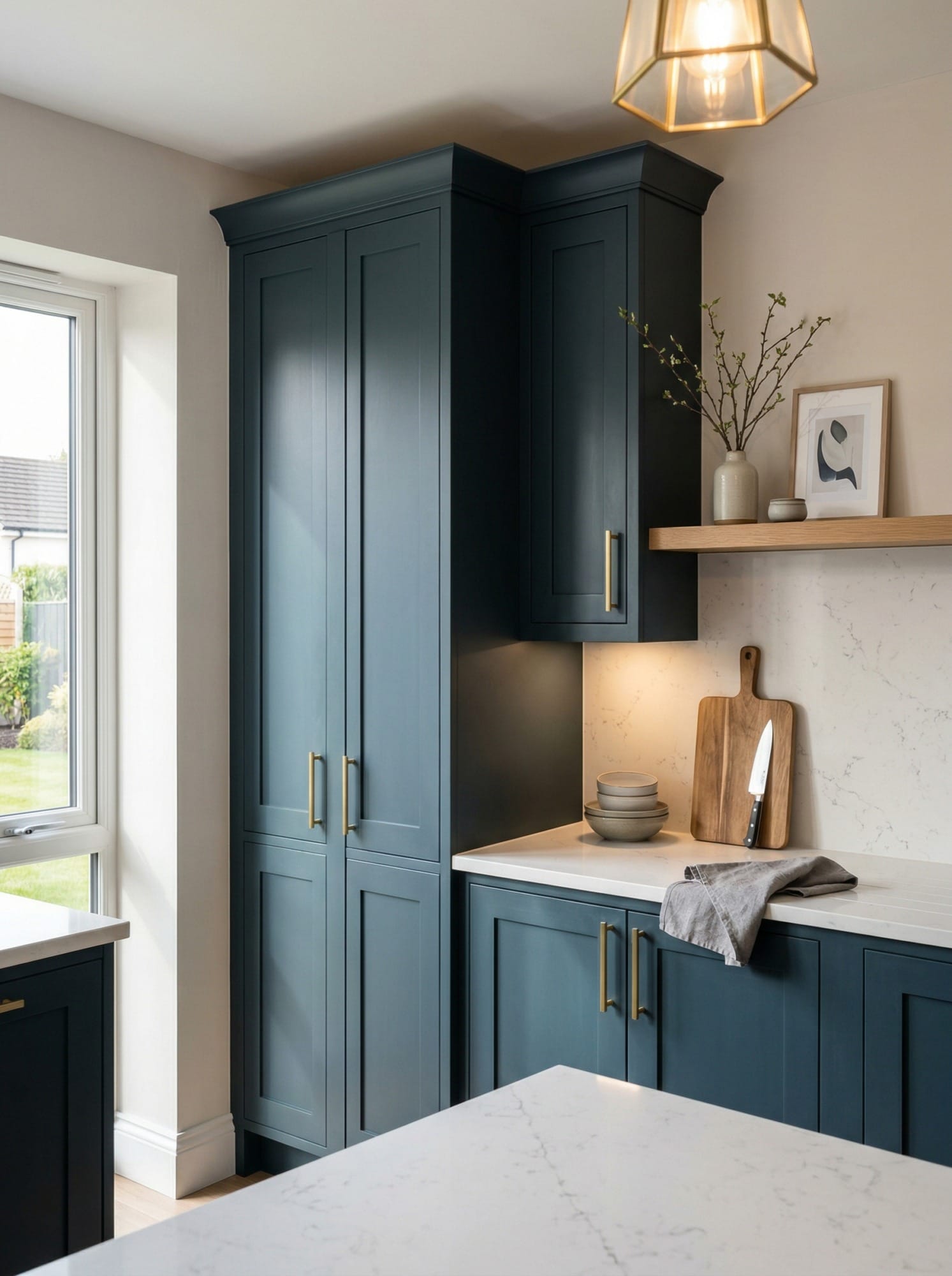 Tall view of full-height bespoke kitchen cabinetry, contemporary painted lay-on cabinetry