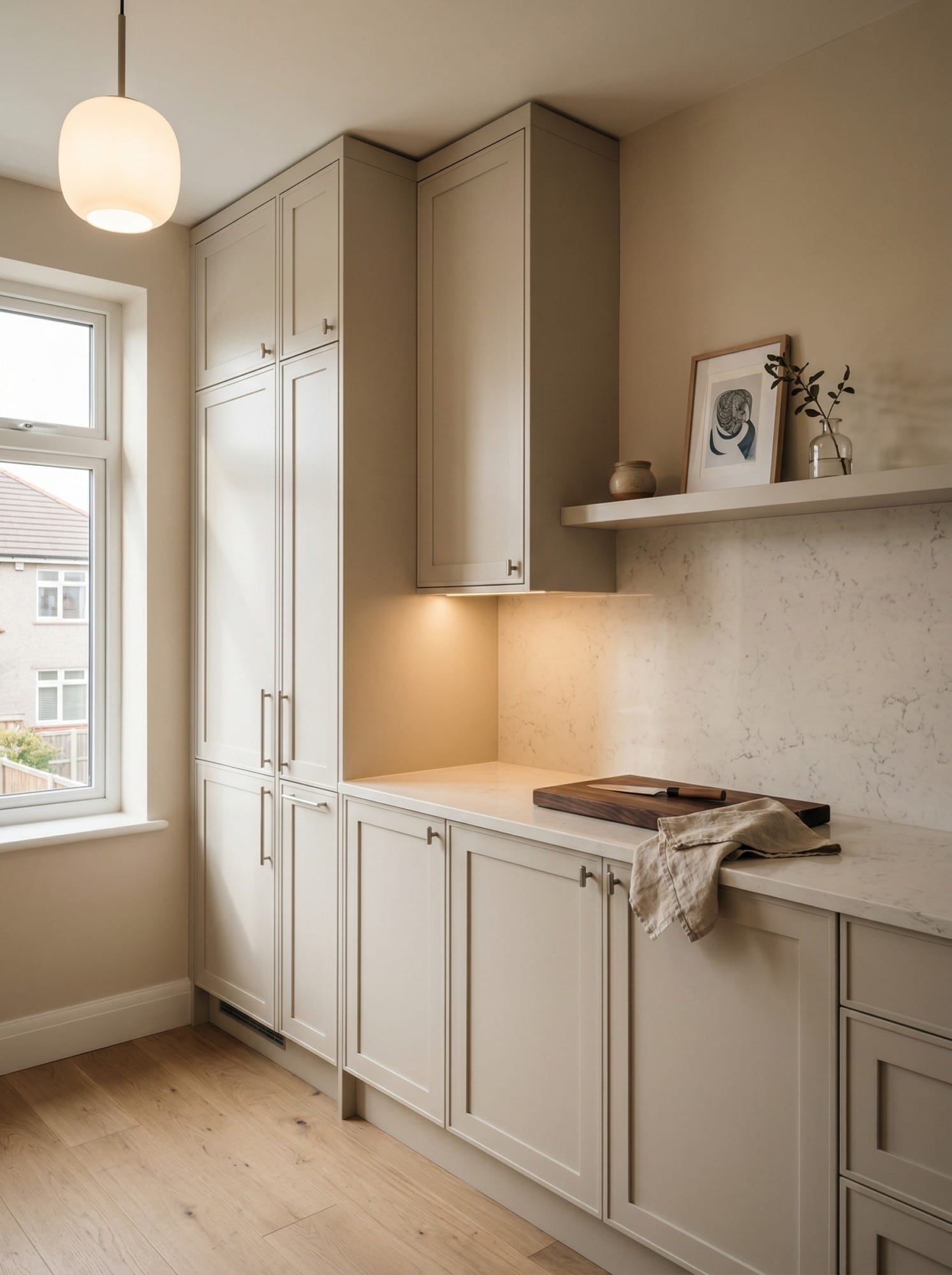 Tall view of full-height bespoke kitchen cabinetry, modern shaker cabinetry