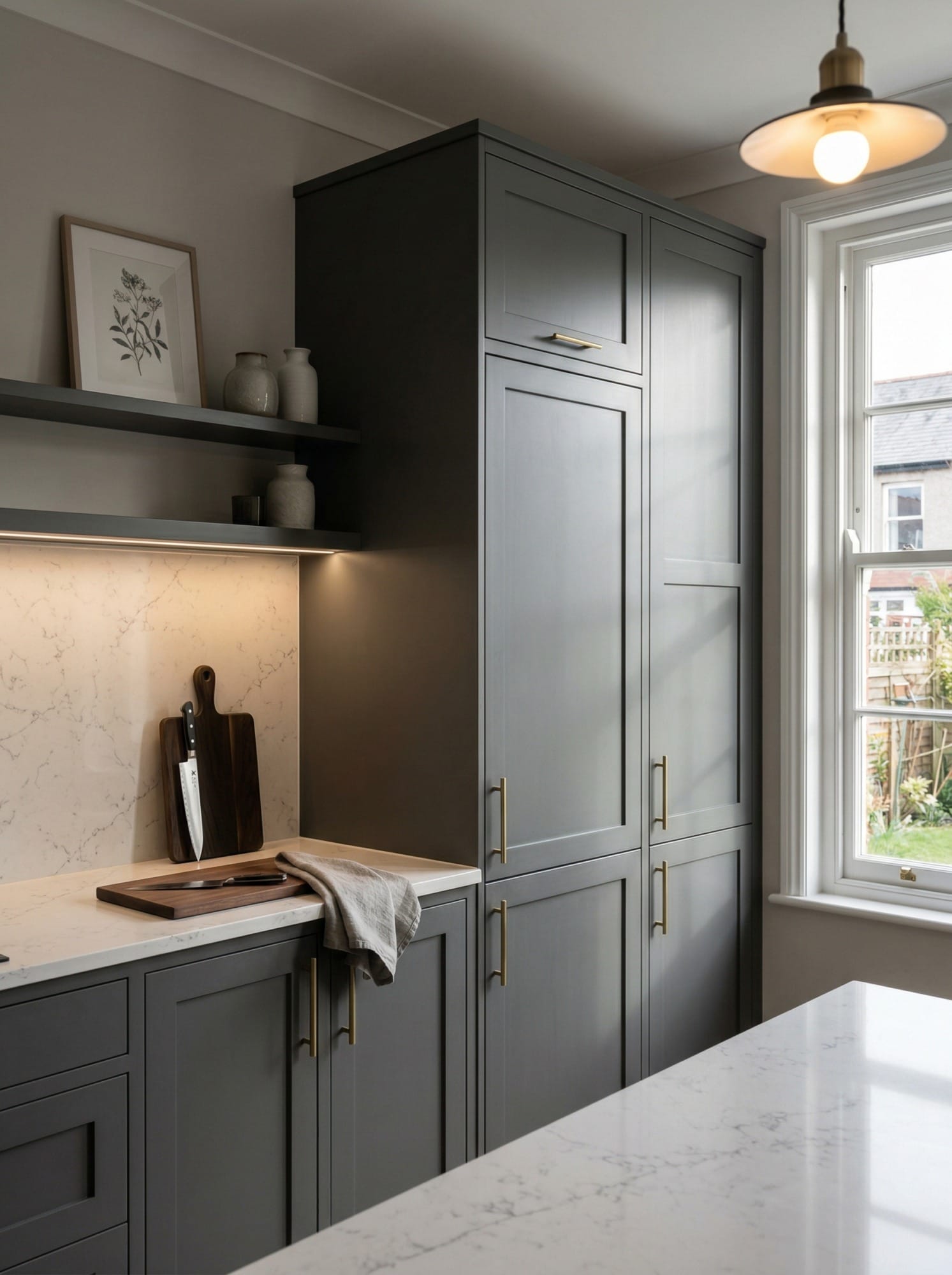 Tall view of full-height bespoke kitchen cabinetry, matt painted handleless slab cabinetry