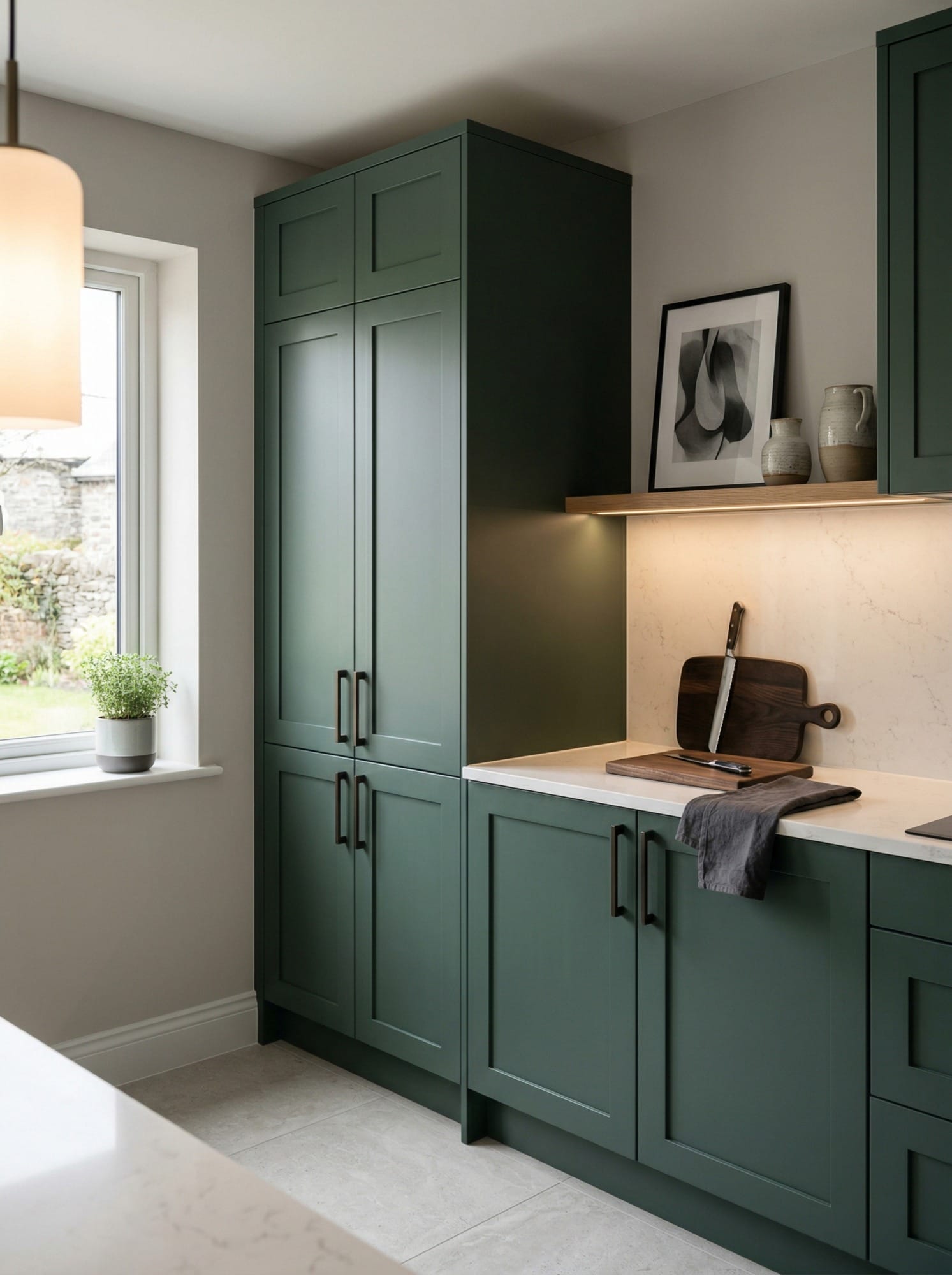 Tall view of full-height bespoke kitchen cabinetry, matt painted handleless slab cabinetry