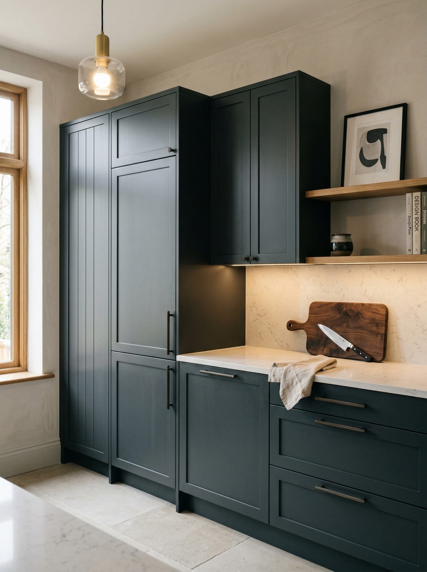 Tall view of full-height bespoke kitchen cabinetry, modern shaker cabinetry