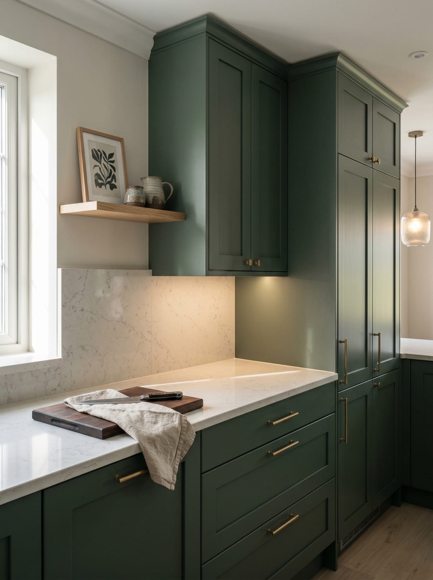 Tall view of full-height bespoke kitchen cabinetry, matt painted handleless slab cabinetry
