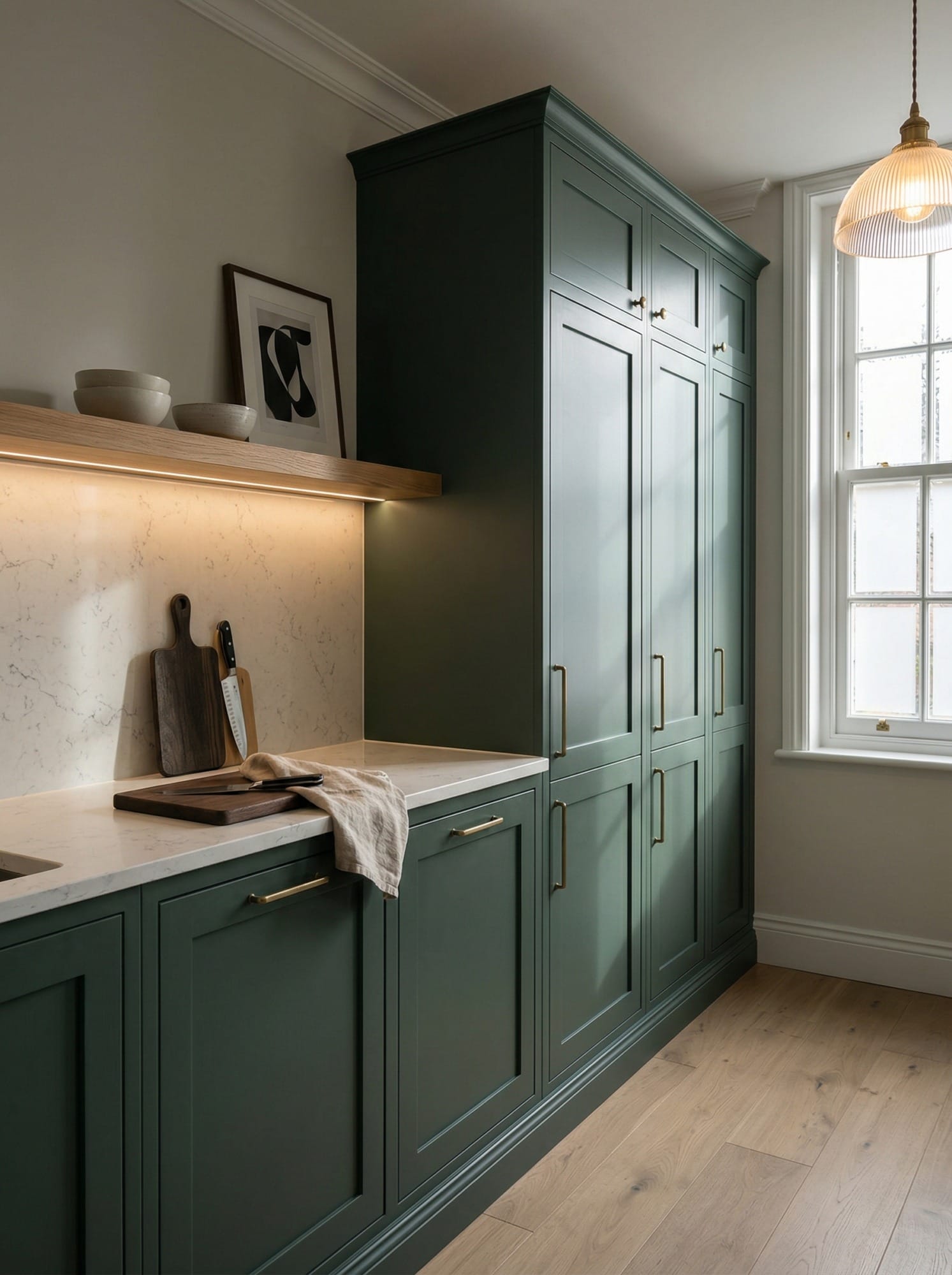portrait1_600x800-24 Tall view of full-height bespoke kitchen cabinetry, matt painted handleless slab cabinetry
