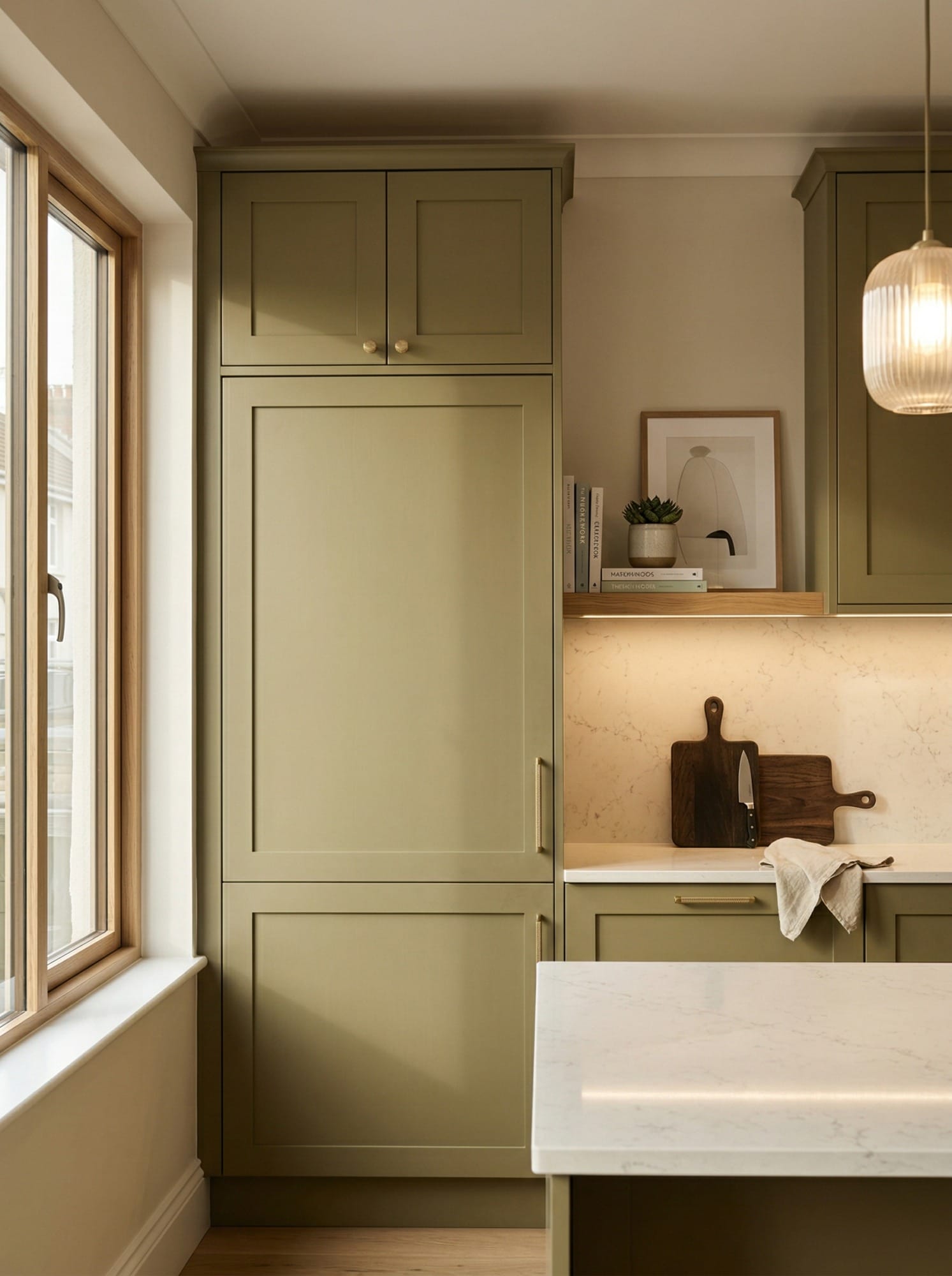 Tall view of full-height bespoke kitchen cabinetry, contemporary in-frame cabinetry