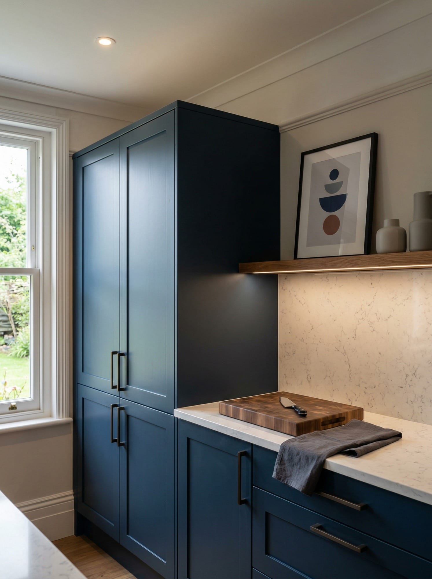 Tall view of full-height bespoke kitchen cabinetry, timber veneer slab-door cabinetry