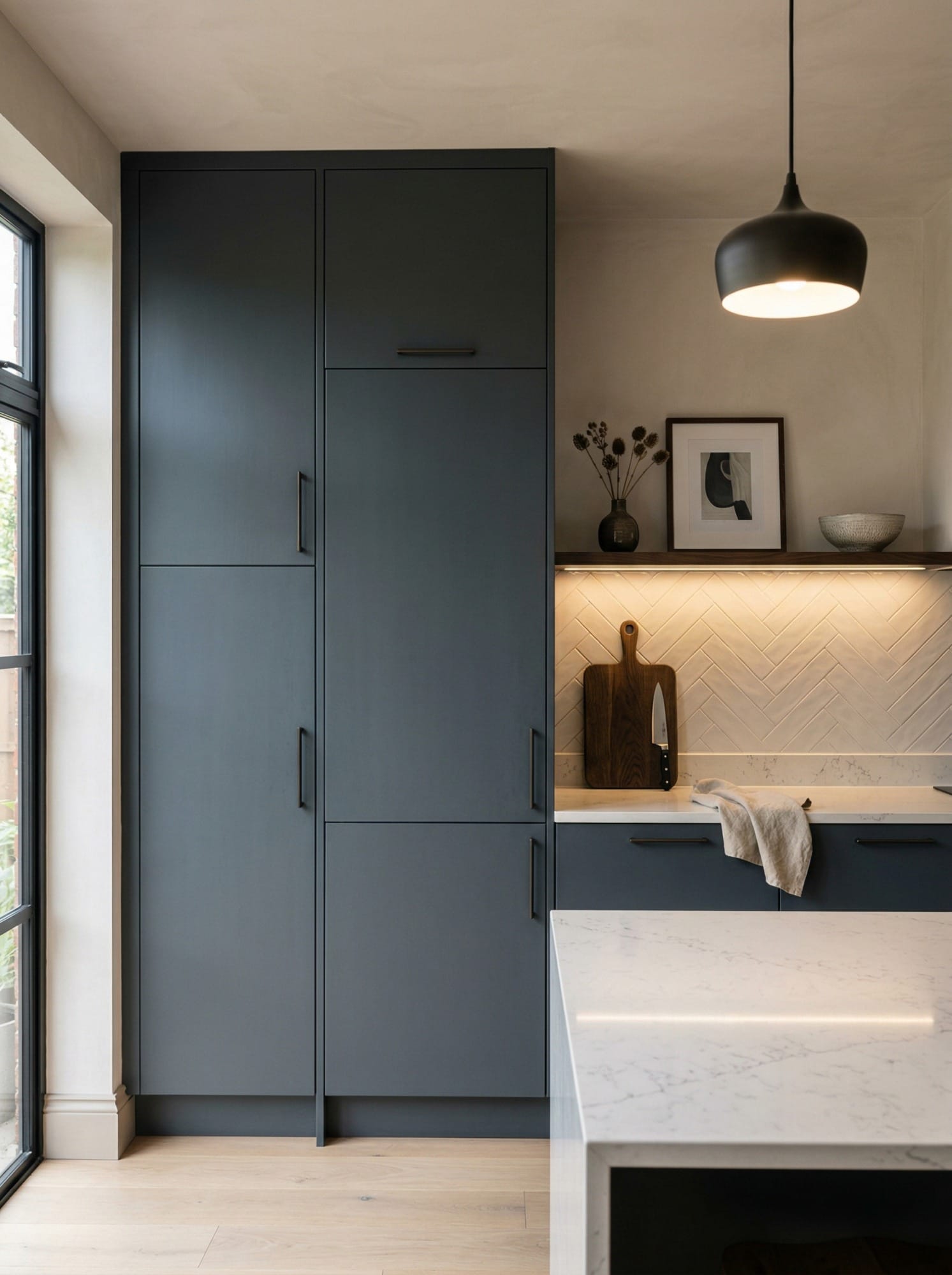 Tall view of full-height bespoke kitchen cabinetry, contemporary painted lay-on cabinetry