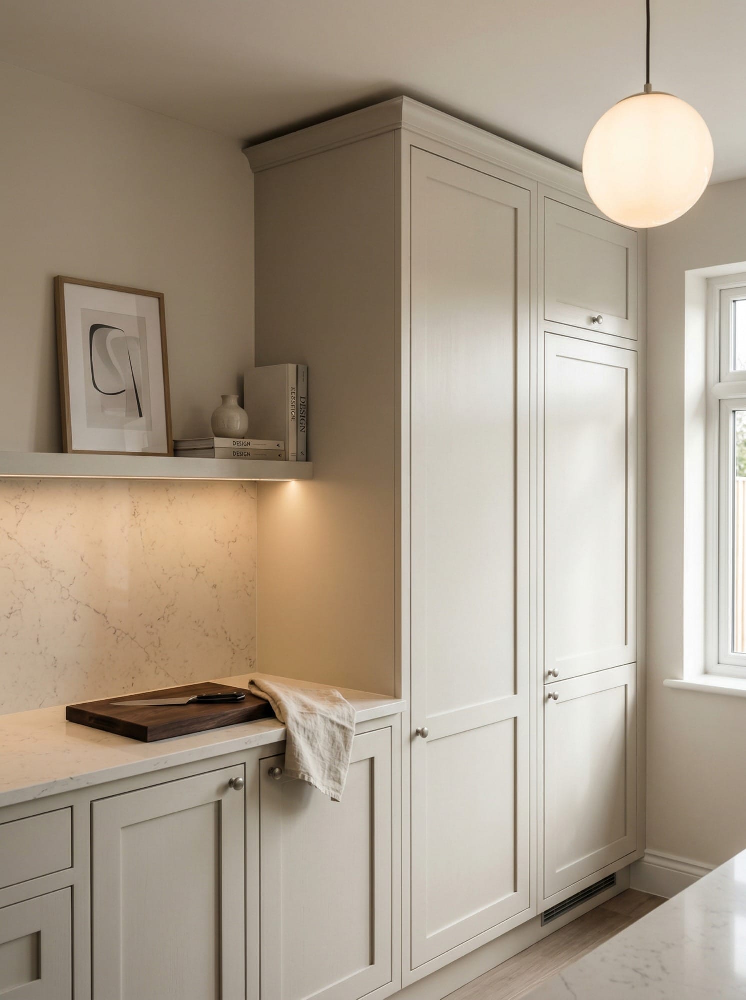 Tall view of full-height bespoke kitchen cabinetry, contemporary painted lay-on cabinetry