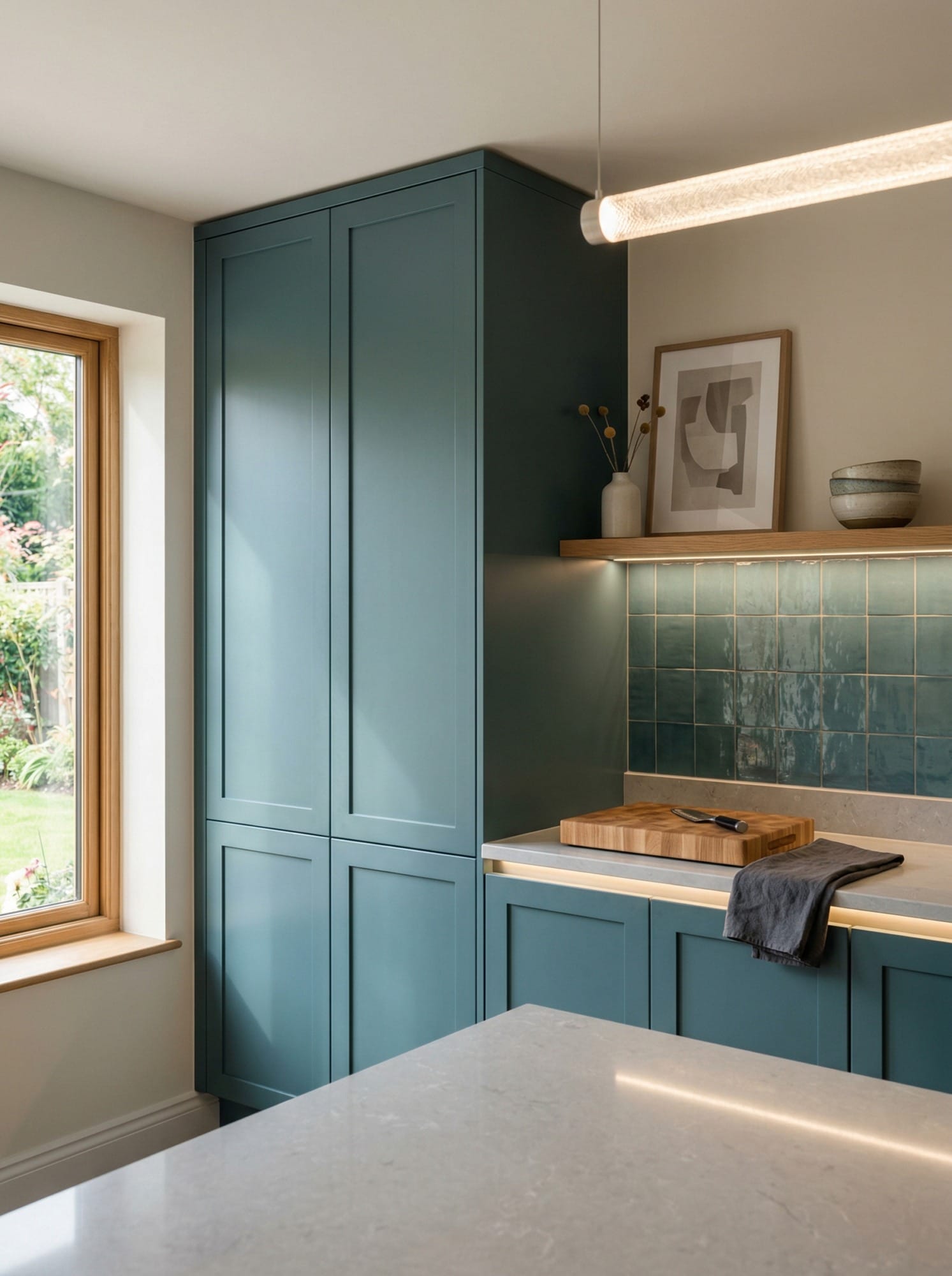 Tall view of full-height bespoke kitchen cabinetry, matt painted handleless slab cabinetry