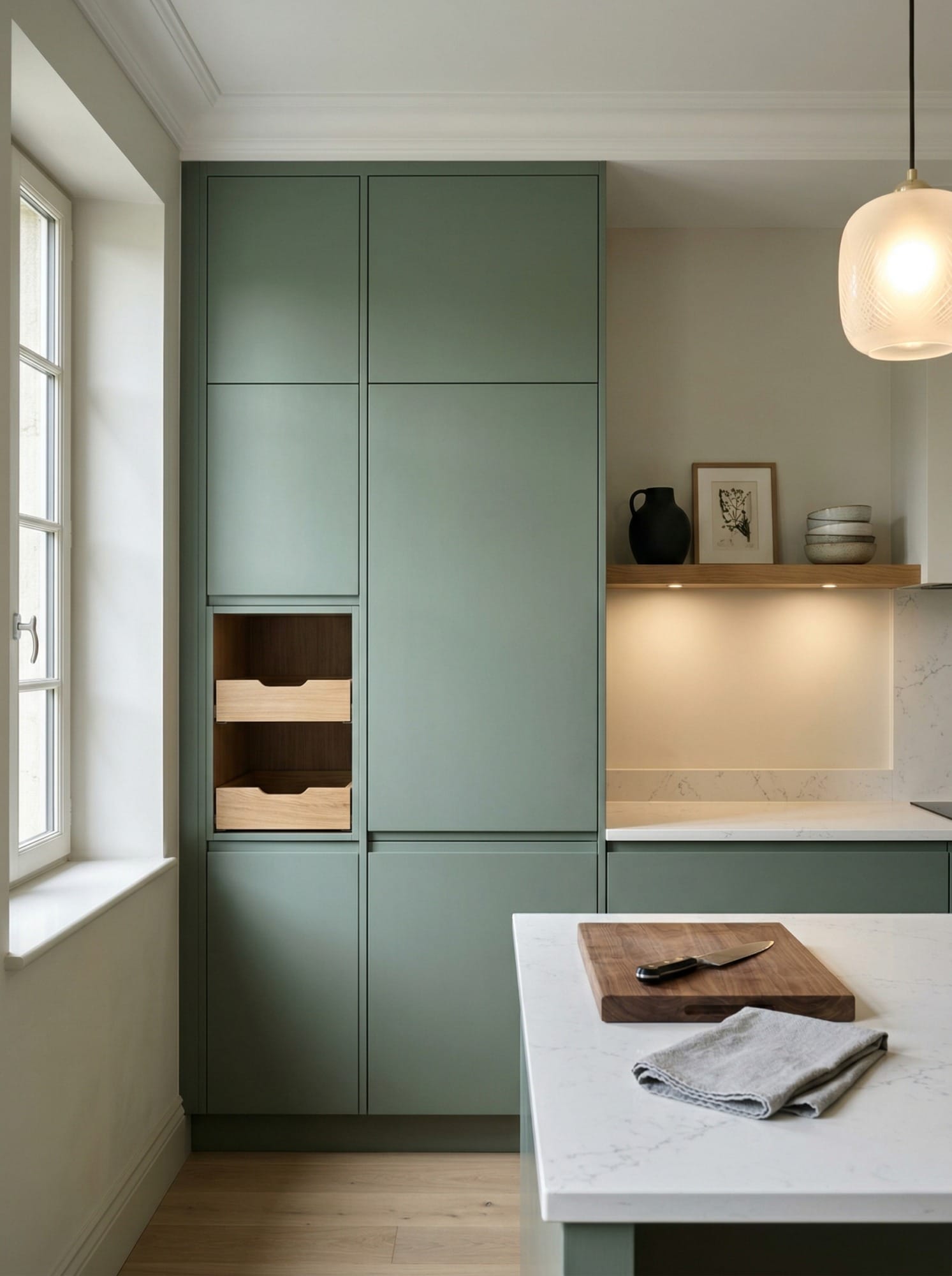 portrait1_600x800-33 Tall view of full-height bespoke kitchen cabinetry, contemporary painted lay-on cabinetry