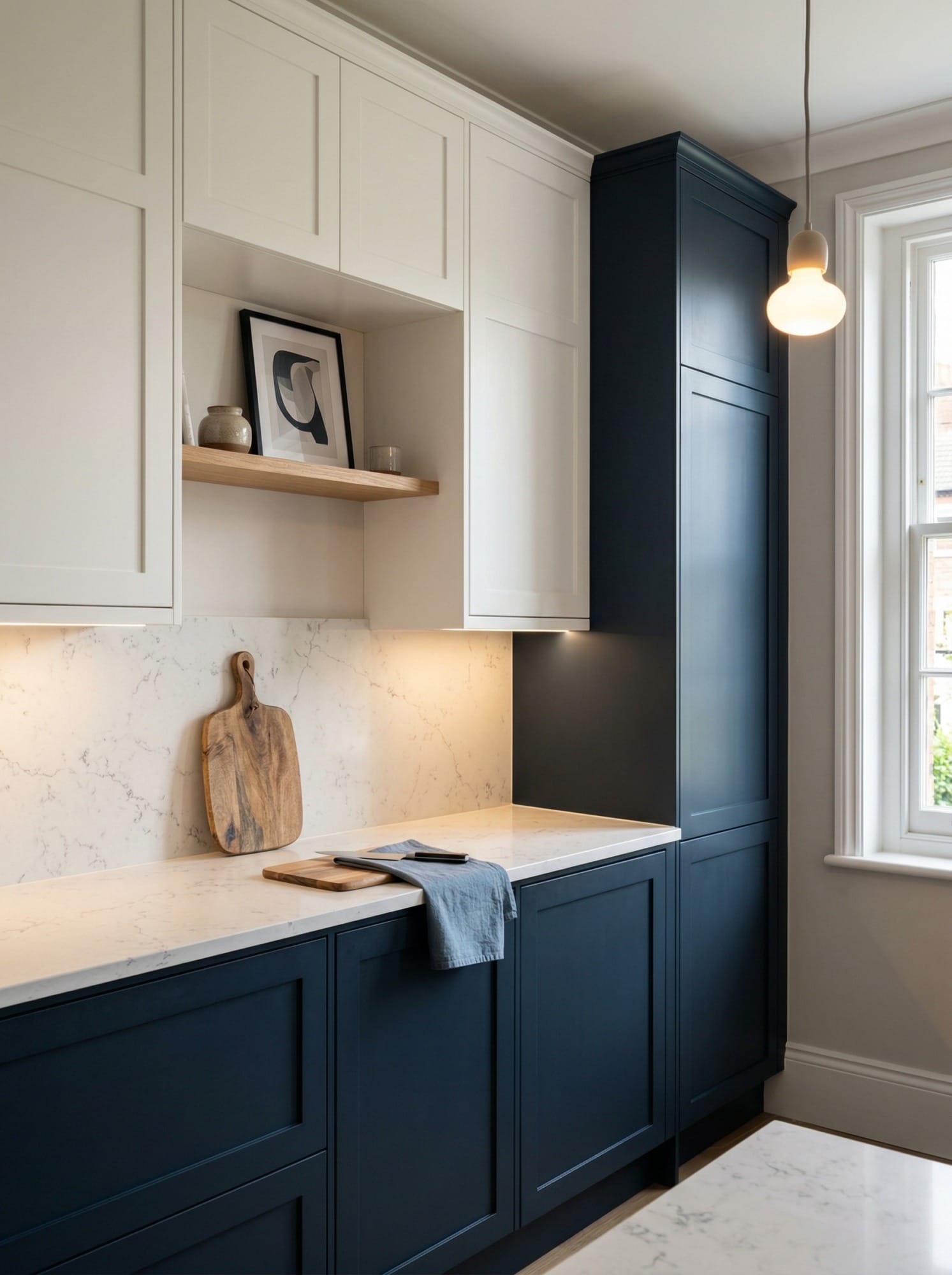 Tall view of full-height bespoke kitchen cabinetry, timber veneer slab-door cabinetry