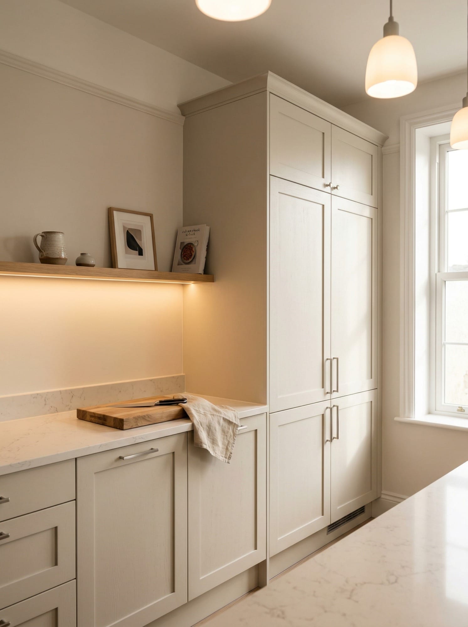Tall view of full-height bespoke kitchen cabinetry, matt painted handleless slab cabinetry