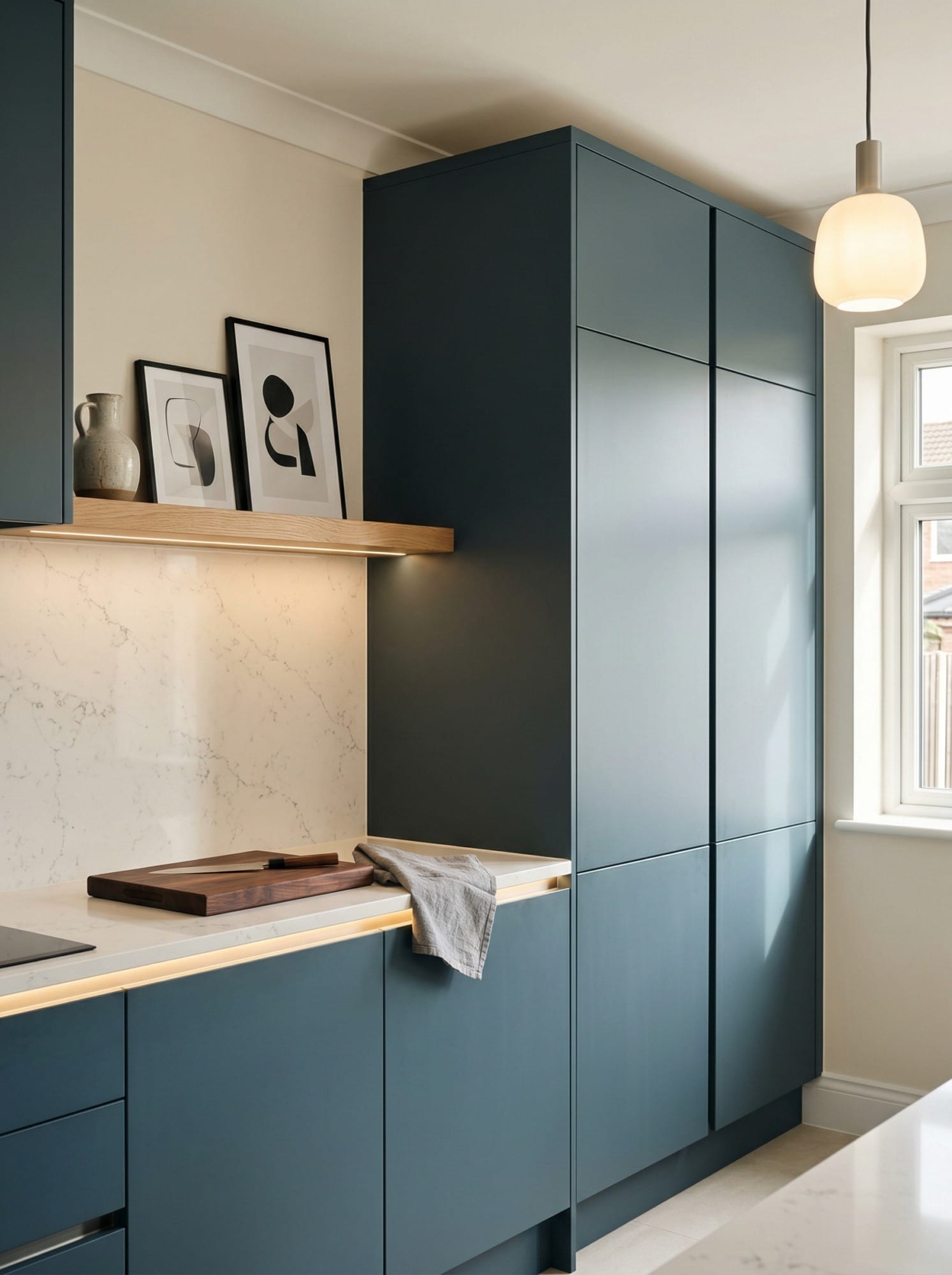 Tall view of full-height bespoke kitchen cabinetry, contemporary in-frame cabinetry