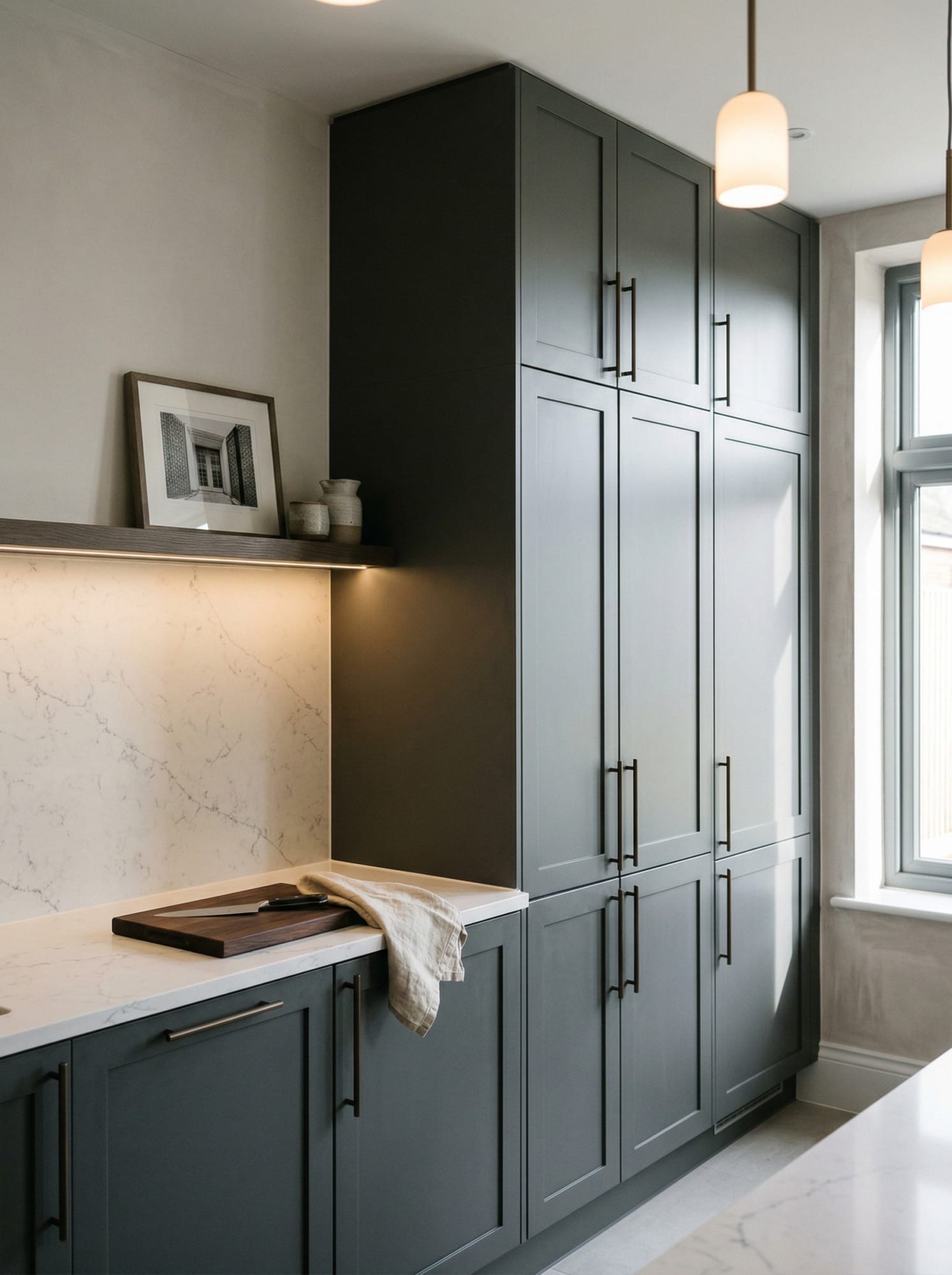 Tall view of full-height bespoke kitchen cabinetry, contemporary painted lay-on cabinetry