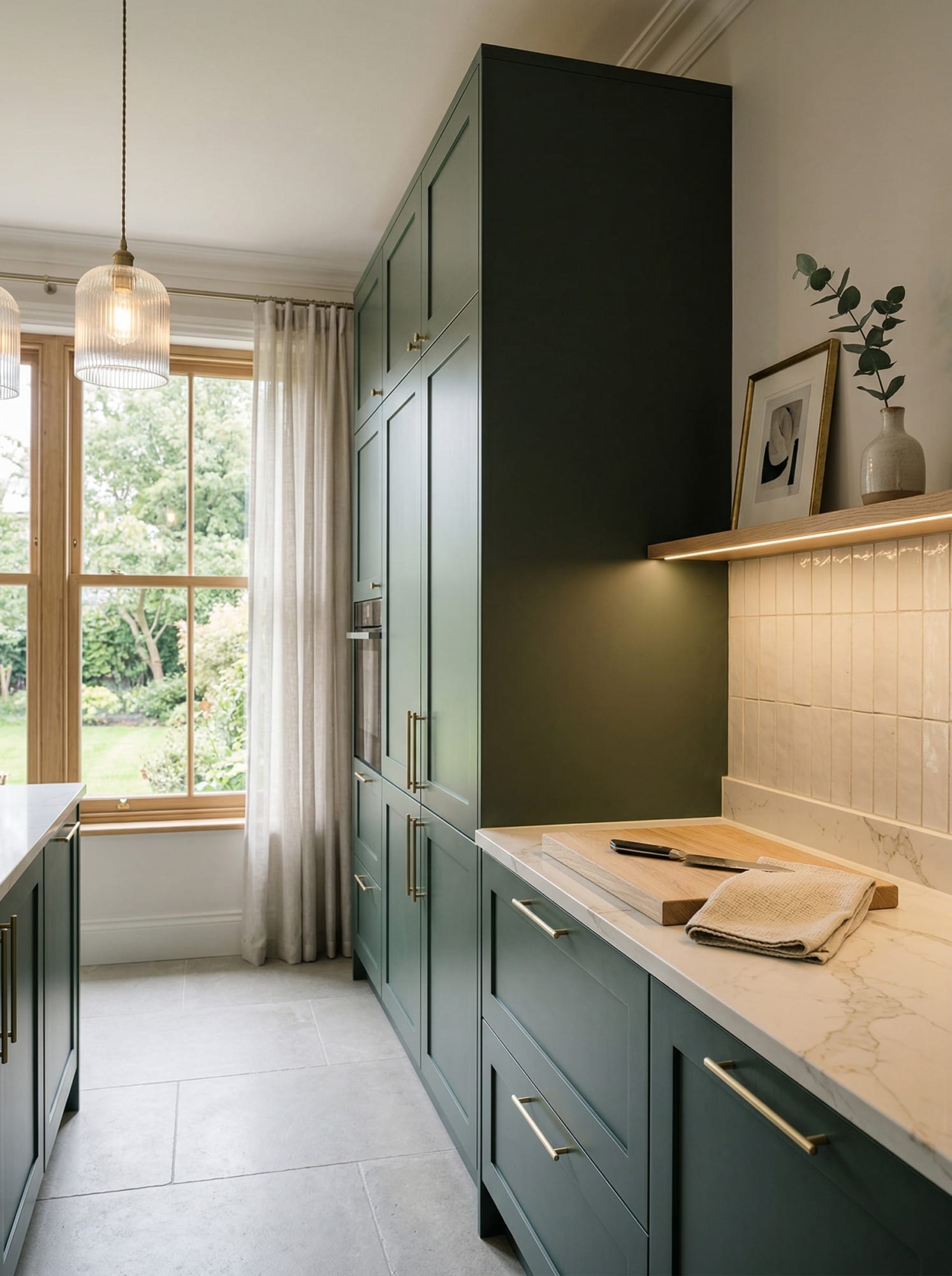 Tall view of full-height bespoke kitchen cabinetry, contemporary painted lay-on cabinetry