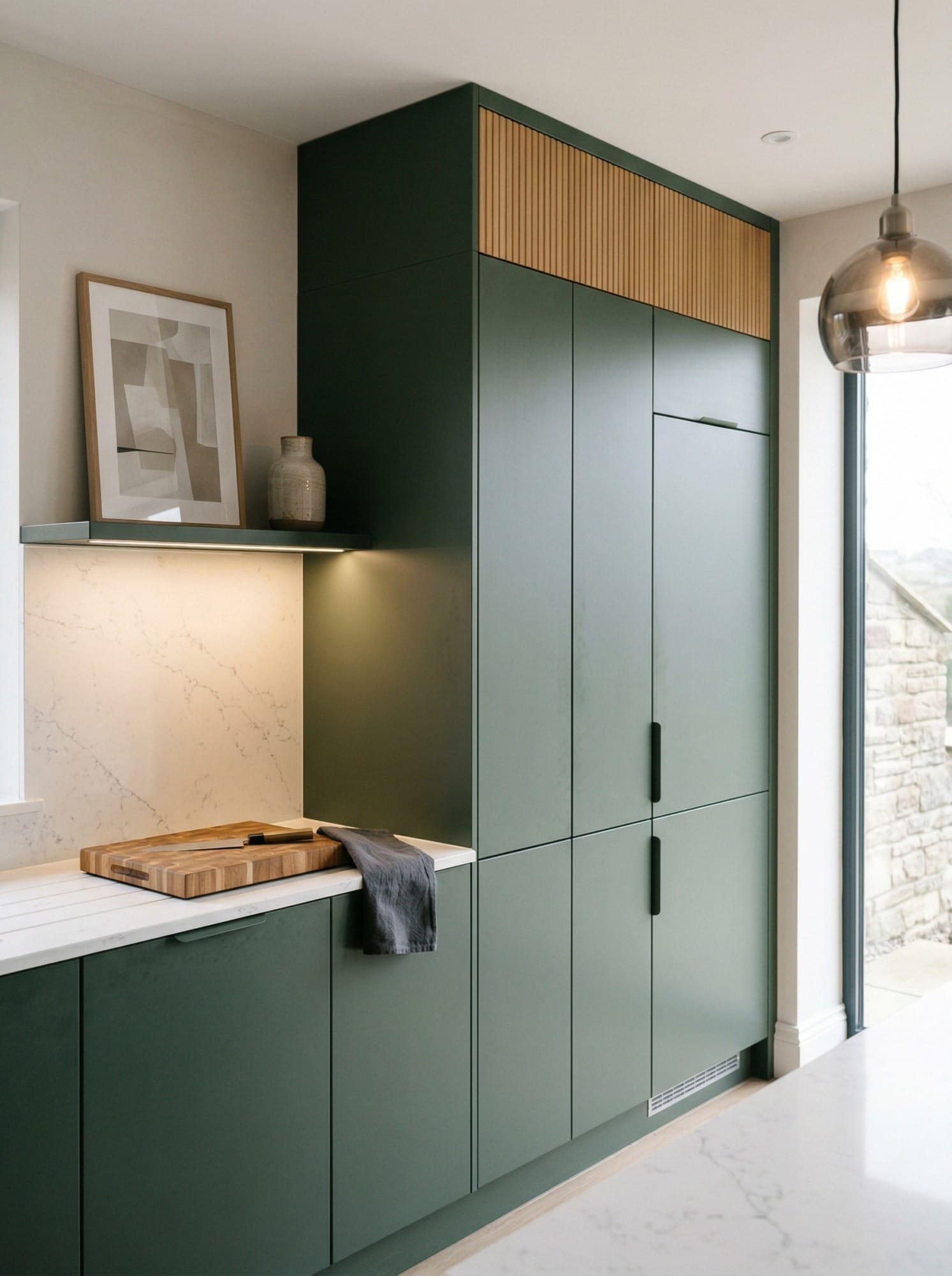 Tall view of full-height bespoke kitchen cabinetry, timber veneer slab-door cabinetry