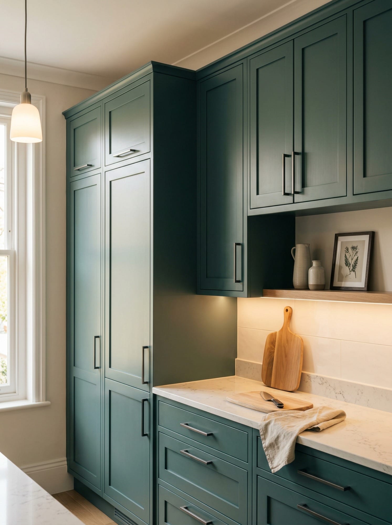Tall view of full-height bespoke kitchen cabinetry, contemporary painted lay-on cabinetry