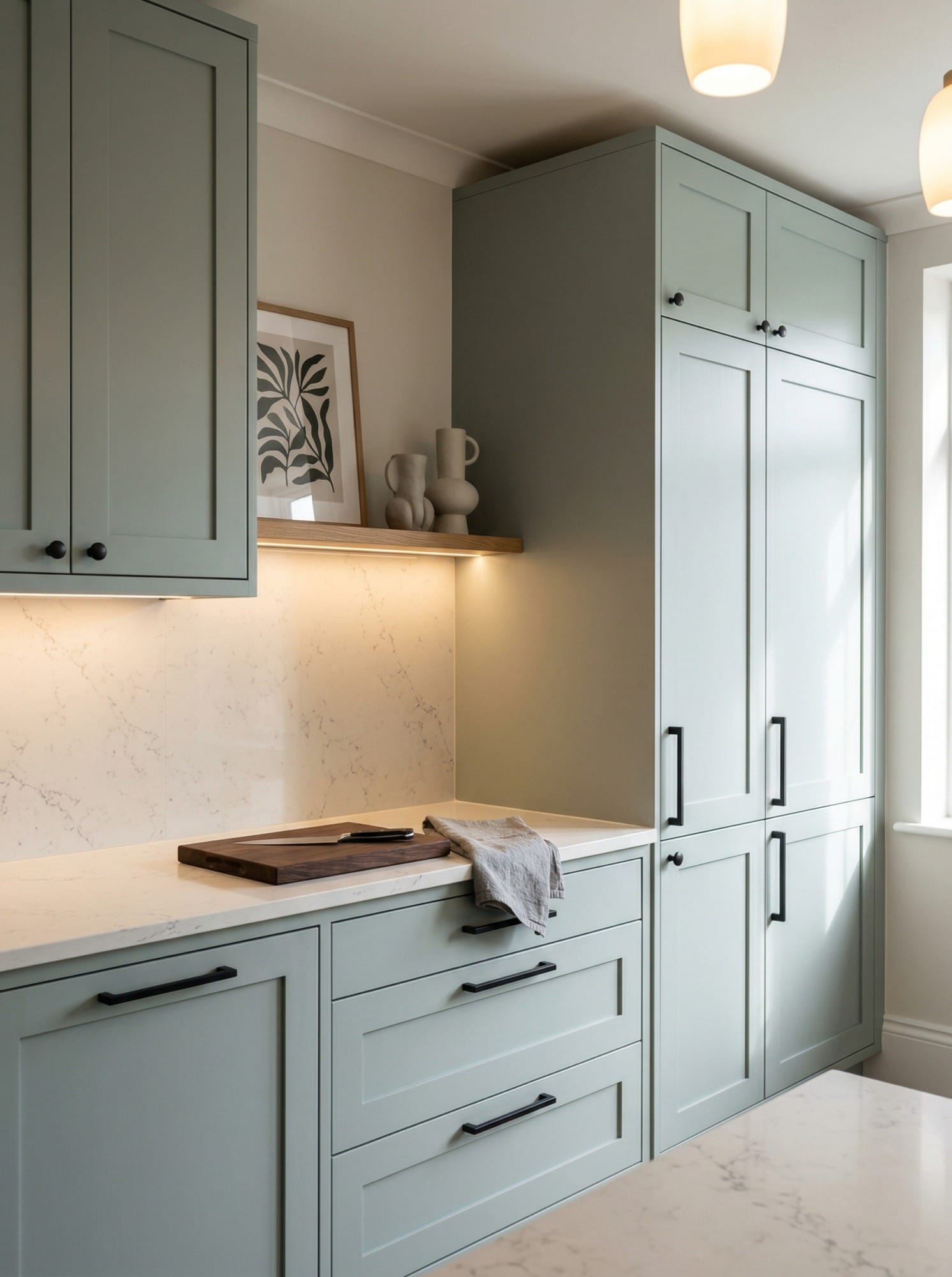 Tall view of full-height bespoke kitchen cabinetry, contemporary painted lay-on cabinetry