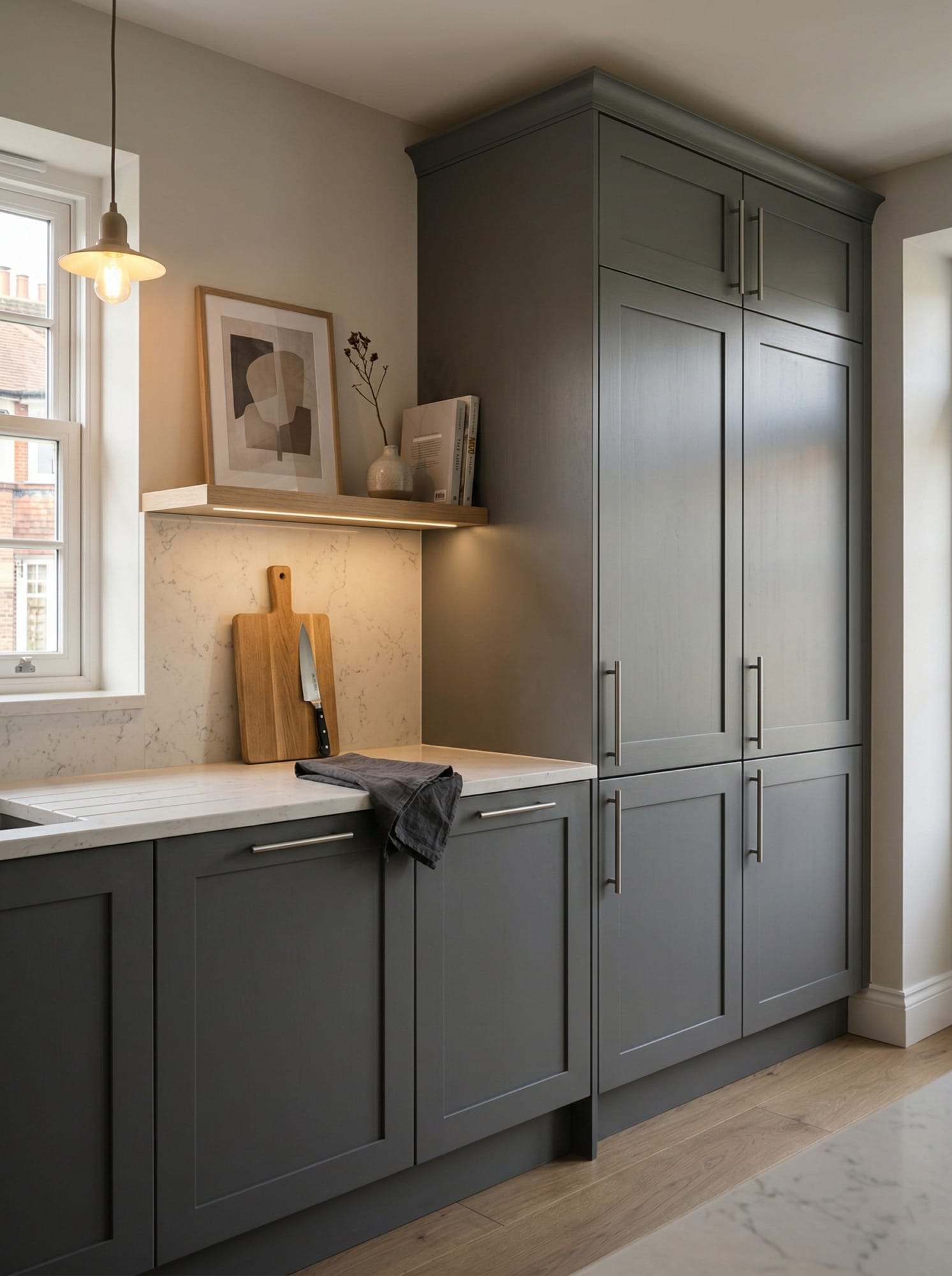 Full-height bespoke kitchen cabinetry by Mastercraft, matt painted handleless slab cabinetry