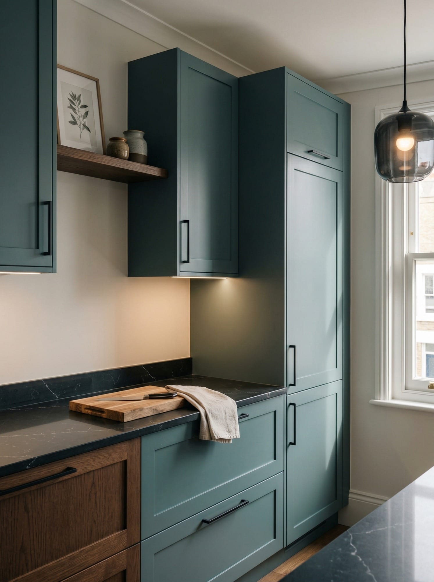 Full-height bespoke kitchen cabinetry by Mastercraft, contemporary painted lay-on cabinetry