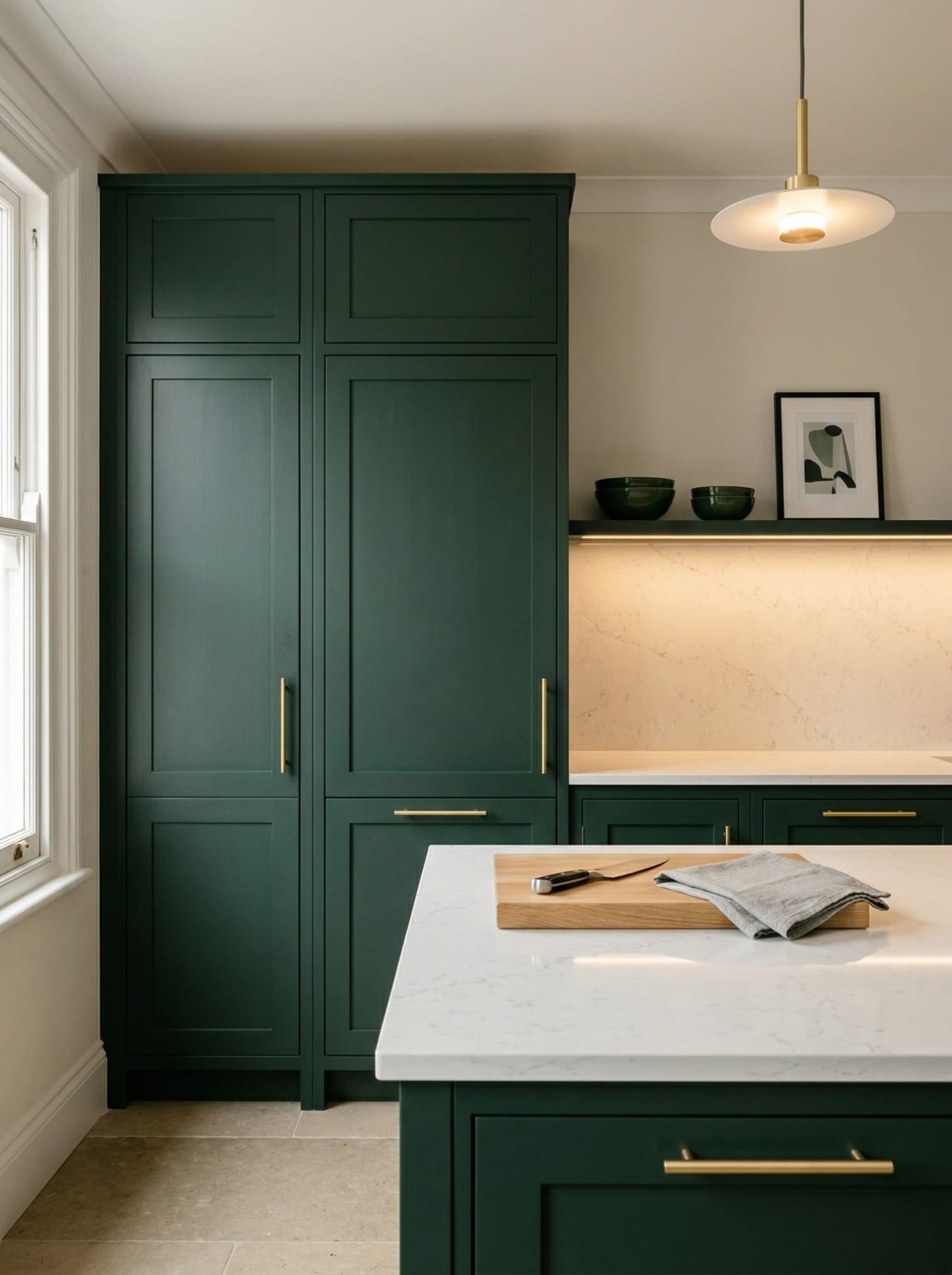 Full-height bespoke kitchen cabinetry by Mastercraft, matt painted handleless slab cabinetry