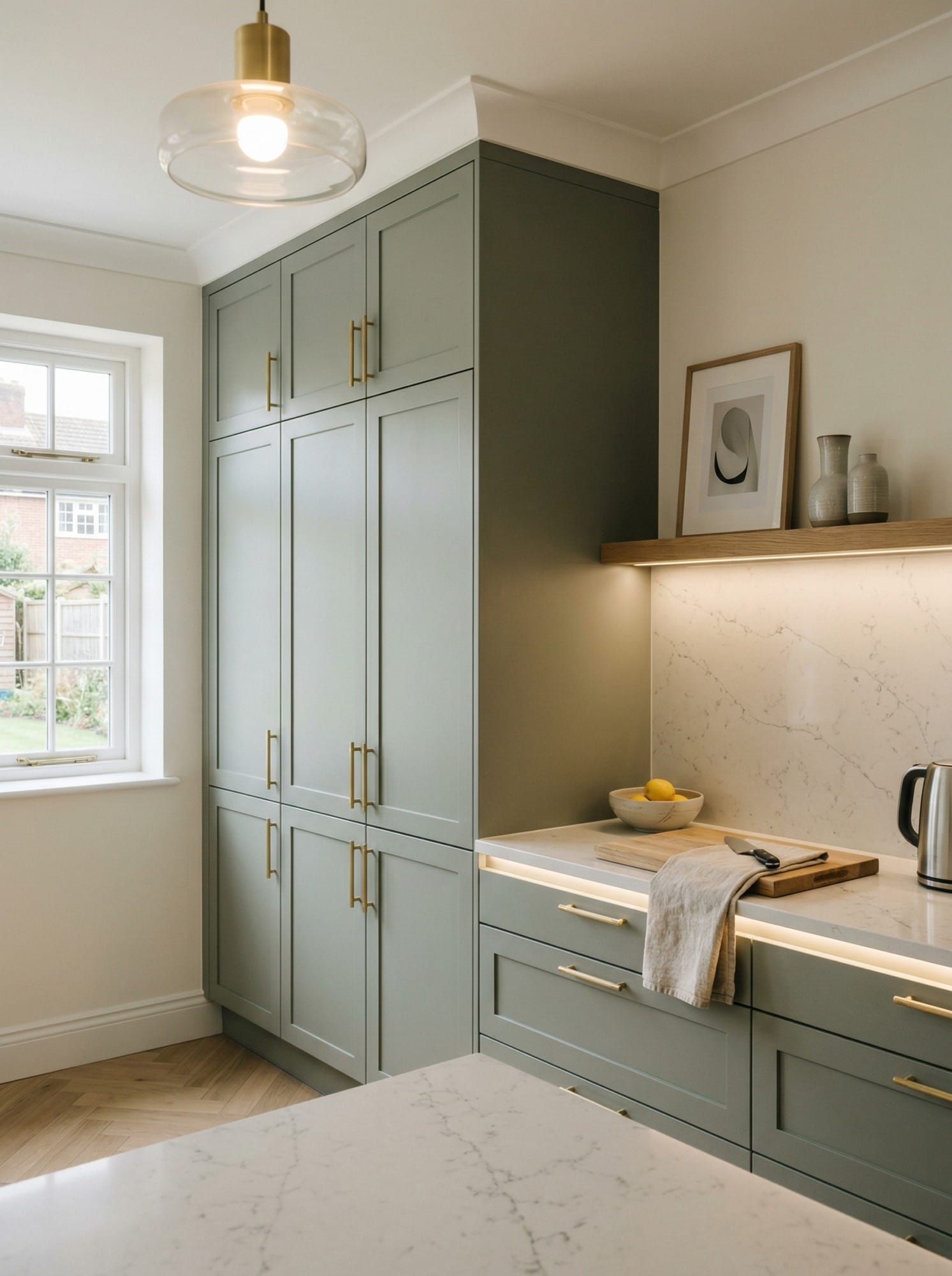 Full-height bespoke kitchen cabinetry by Mastercraft, contemporary painted lay-on cabinetry